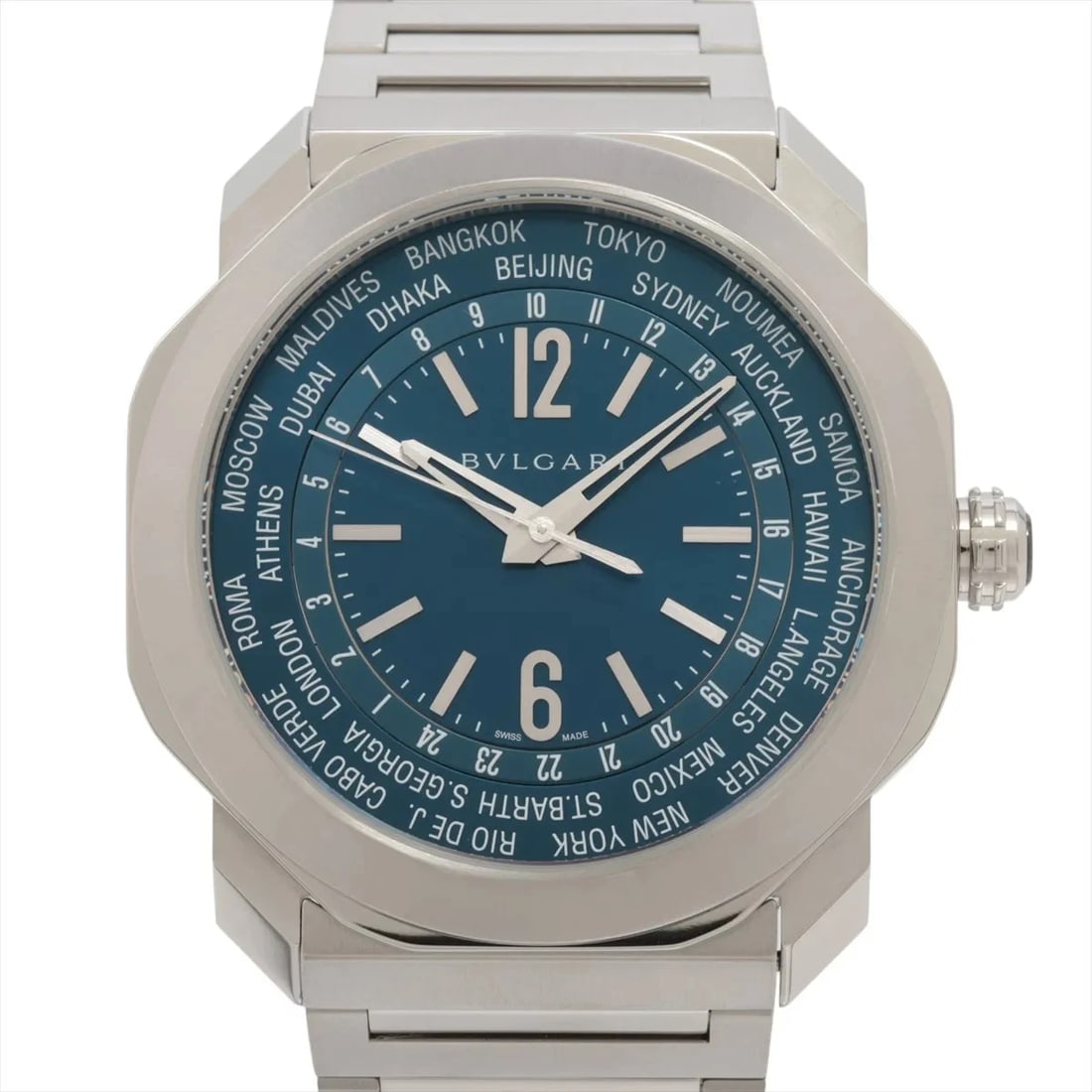 BVLGARI OCTO ROMA WORLD TIMER SS AT BLUE DIAL WATCH: Bvlgari Octo Roma World Timer Ss At Blue Dial Watch Brand: Bvlgari Type/Style: Wristwatch Material: SS Color: Dial Color Blue Size: Case:W1.6 x H1.6inch / W40 x H40 Circumference of Wrist:6.9inch / 17