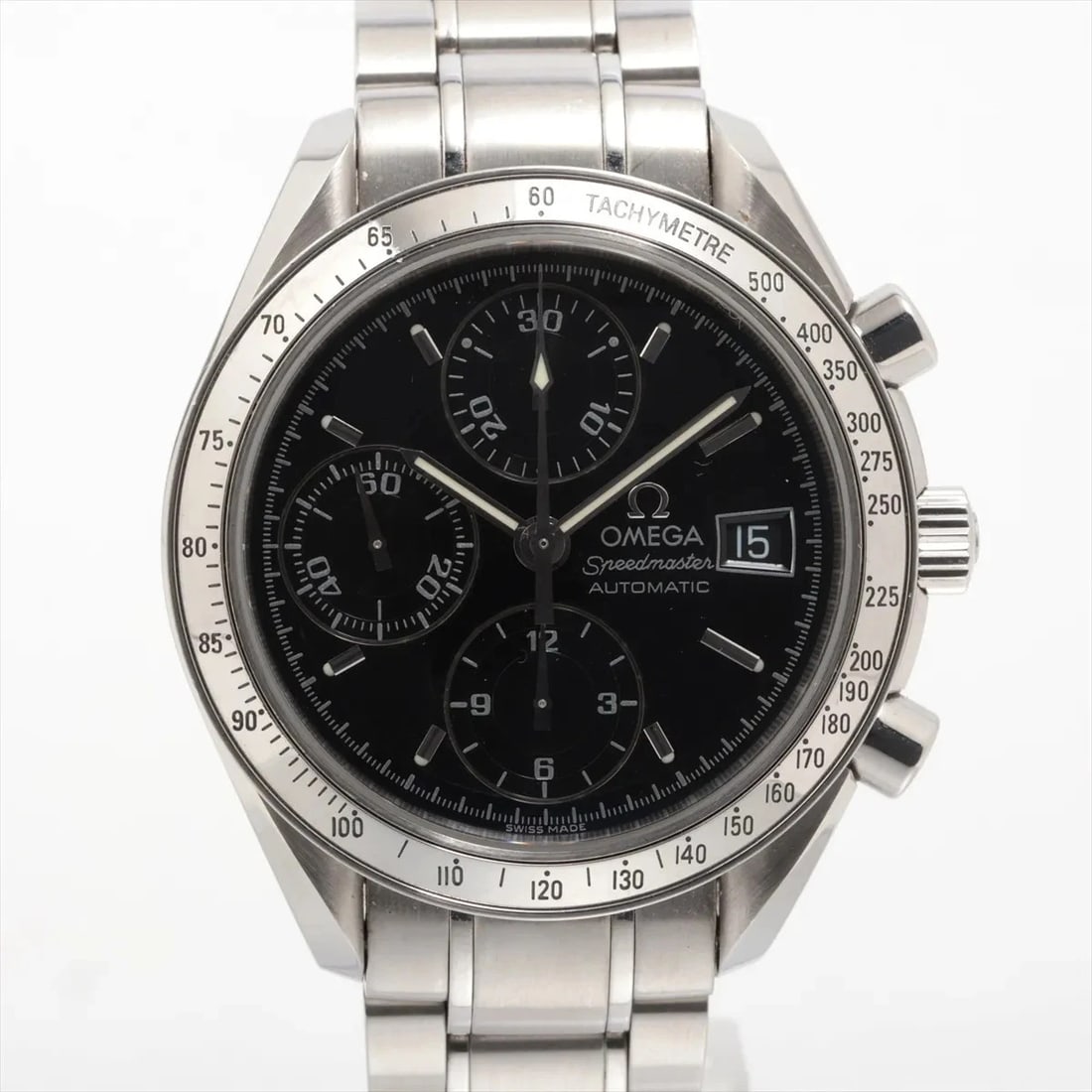 OMEGA SPEEDMASTER DATE CHRONO SS AT BLACK DIAL WATCH: Omega Speedmaster Date Chrono Ss At Black Dial Watch Brand: Omega Type/Style: Wristwatch Material: SS Color: Dial Color Black Size: Case:W1.2 x H1.2inch / W39 x H39 Circumference of Wrist:6.5inch / 16