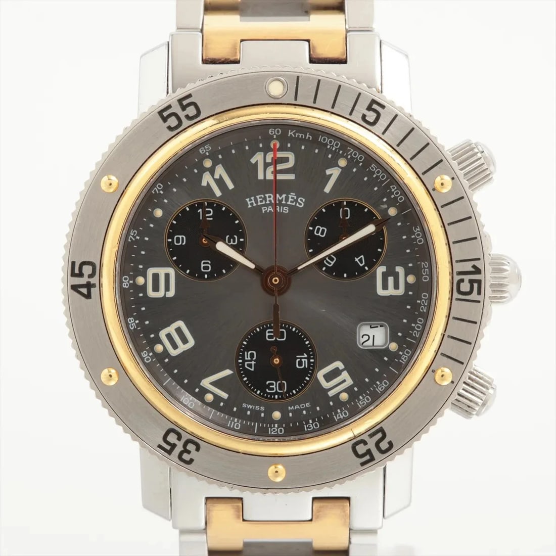HERMES CLIPPER DIVERS CHRONO GP?SS QZ GRAY WATCH: Hermes Clipper Divers Chrono Gp?Ss Qz Gray Watch Brand: Hermes Type/Style: Wristwatch Material: SS?GP Color: Dial Color Gray Size: Case:W1.6 x H1.6inch / W40 x H40 Circumference of Wrist:6.5inch / 16.