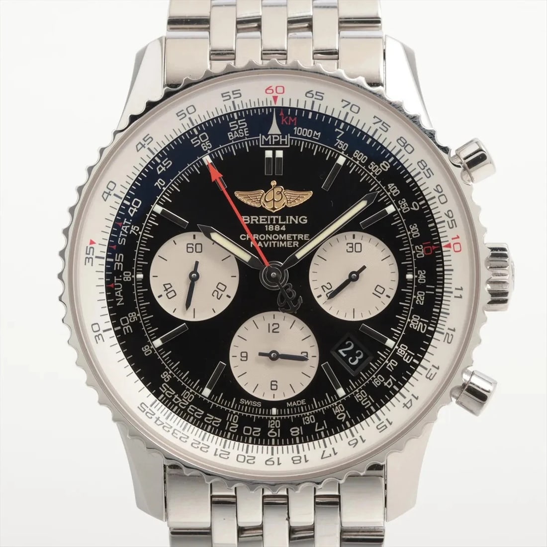 BREITLING NAVITIMER SS AT BLACK DIAL WATCH: Breitling Navitimer Ss At Black Dial Watch Brand: Breitling Type/Style: Wristwatch Material: SS Color: Dial Color Black Size: Case:W1.6 x H1.6inch / W43 x H43 Circumference of Wrist:6.9inch / 17.5