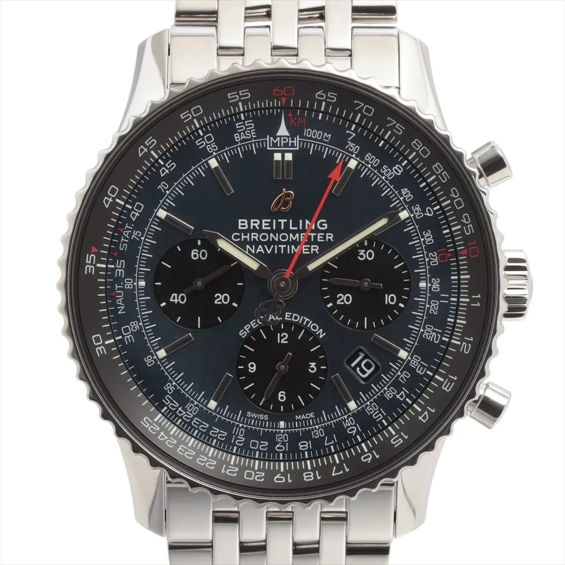 BREITLING NAVITIMER B01 CHRONOGRAPH 43 SS A WATCH: Breitling Navitimer B01 Chronograph 43 Ss A Watch Brand: Breitling Type/Style: Wristwatch Material: SS Color: Dial Color blue shell Size: Case:W1.6 x H1.6inch / W43 x H43 Circumference of Wrist:7.9inc