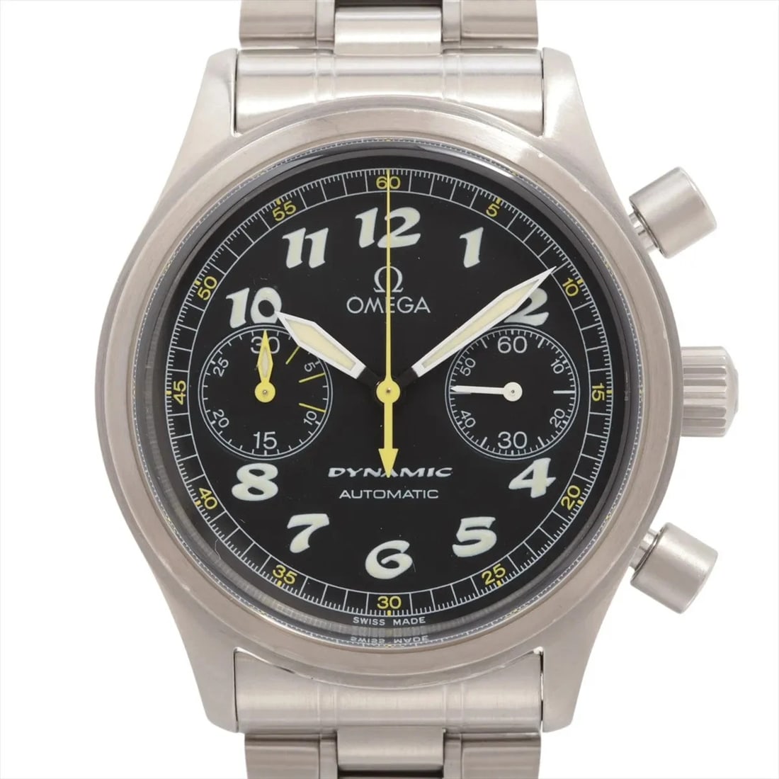 OMEGA DYNAMIC CHRONOGRAPH SS AT BLACK DIAL WATCH: Omega Dynamic Chronograph Ss At Black Dial Watch Brand: Omega Type/Style: Wristwatch Material: SS Color: Dial Color Black Size: Case:W1.2 x H1.2inch / W36 x H36 Circumference of Wrist:6.9inch / 17.5
