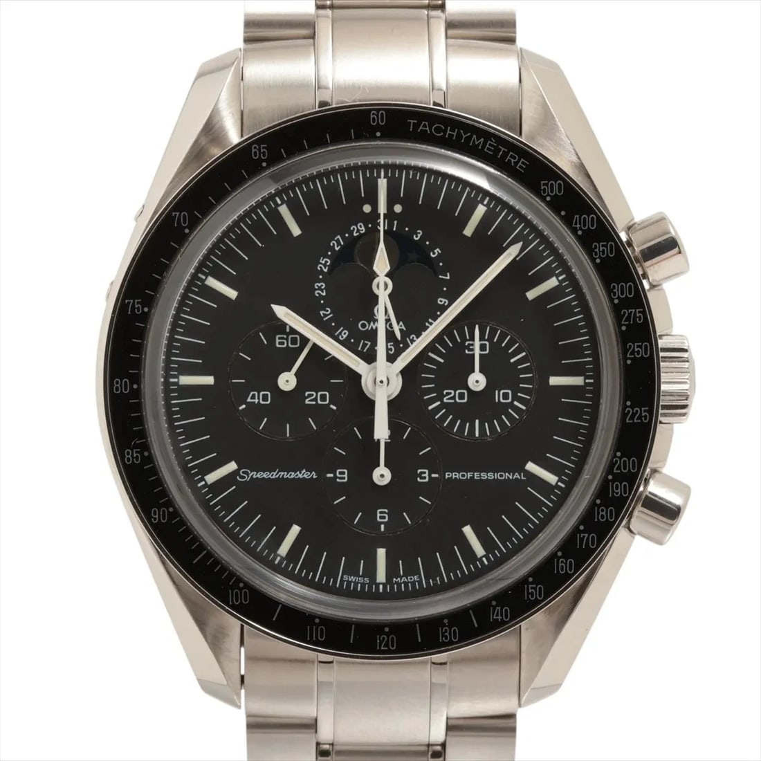 OMEGA SPEEDMASTER MOONWATCH PROFESSIONAL MOON PHASES SS WATCH: Omega Speedmaster Moonwatch Professional Moon Phases Ss Watch Brand: Omega Type/Style: Wristwatch Material: SS Color: Dial Color Black Size: Case:W1.6 x H1.6inch / W42 x H42 Circumference of Wrist:7.9