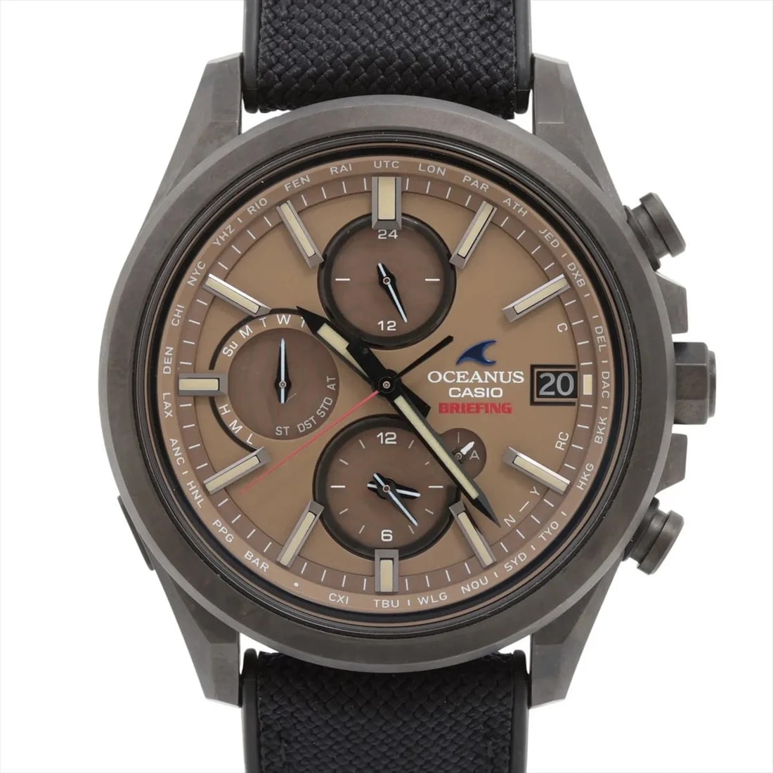 CASIO OCEANUS CLASSIC LINE BRIEFING COLLABORATION MODEL WATCH: Casio Oceanus Classic Line Briefing Collaboration Model Watch Brand: Casio Type/Style: Wristwatch Material: Ti & rubber Color: Dial Color coyotes Size: Case:W1.6 x H1.6inch / W42.8 x H48.1 Circumferen