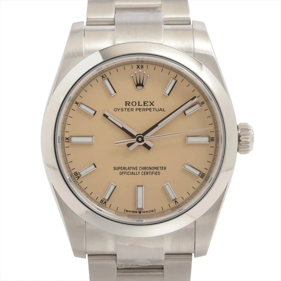 ROLEX OYSTER PERPETUAL 34 SS AT BEIGE DIAL WATCH: Rolex Oyster Perpetual 34 Ss At Beige Dial Watch Brand: Rolex Type/Style: Wristwatch Material: SS Color: Dial Color Beige Size: Case:W1.2 x H1.2inch / W34 x H34 Circumference of Wrist:6.3inch / 16.0