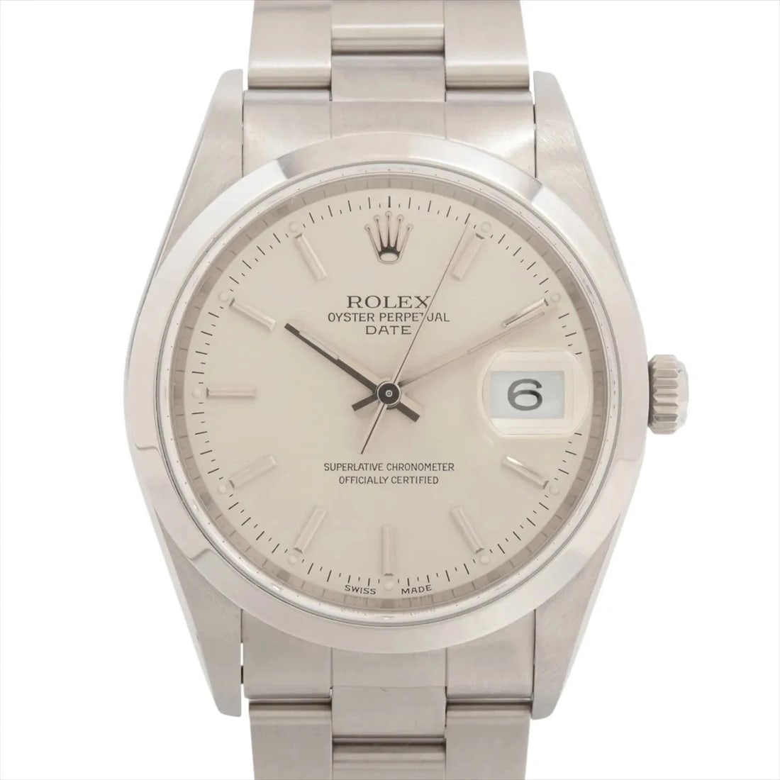 ROLEX OYSTER PERPETUAL DATE SS AT SILVER WATCH: Rolex Oyster Perpetual Date Ss At Silver Watch Brand: Rolex Type/Style: Wristwatch Material: SS Color: Dial Color Silver Size: Case:W1.2 x H1.2inch / W34 x H34 Circumference of Wrist:6.7inch / 17