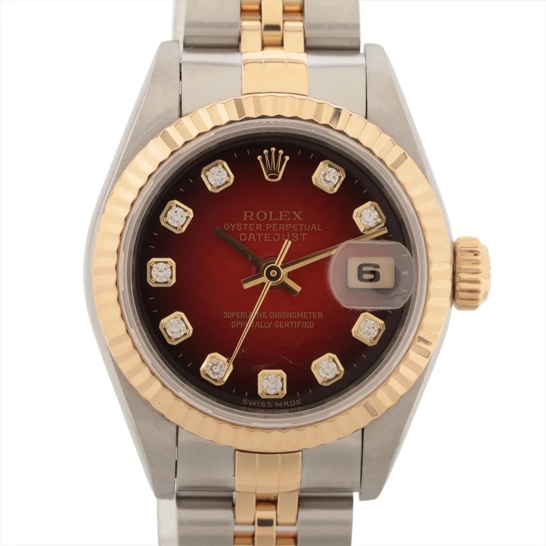 ROLEX LADY DATEJUST AT RED GRADIENT DIAL WATCH: Rolex Lady Datejust At Red Gradient Dial Watch Brand: Rolex Type/Style: Wristwatch Material: SS?YG Color: Dial Color red gradient Size: Case:W0.8 x H0.8inch / W26 x H26 Circumference of Wrist:6.3inch 