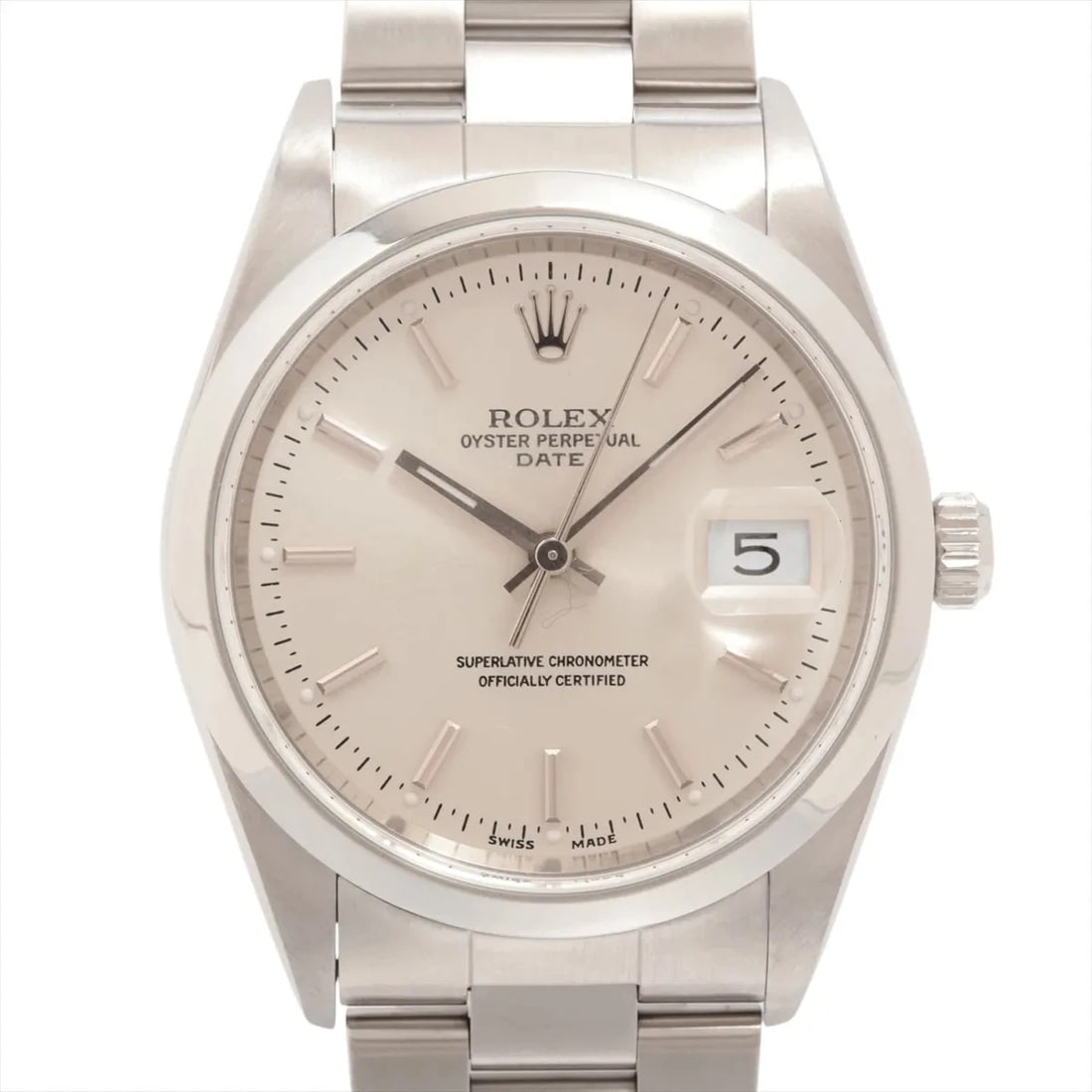 ROLEX OYSTER PERPETUAL DATE SS AT SILVER WATCH: Rolex Oyster Perpetual Date Ss At Silver Watch Brand: Rolex Type/Style: Wristwatch Material: SS Color: Dial Color Silver Size: Case:W1.2 x H1.2inch / W34 x H34 Circumference of Wrist:7.3inch / 18.5