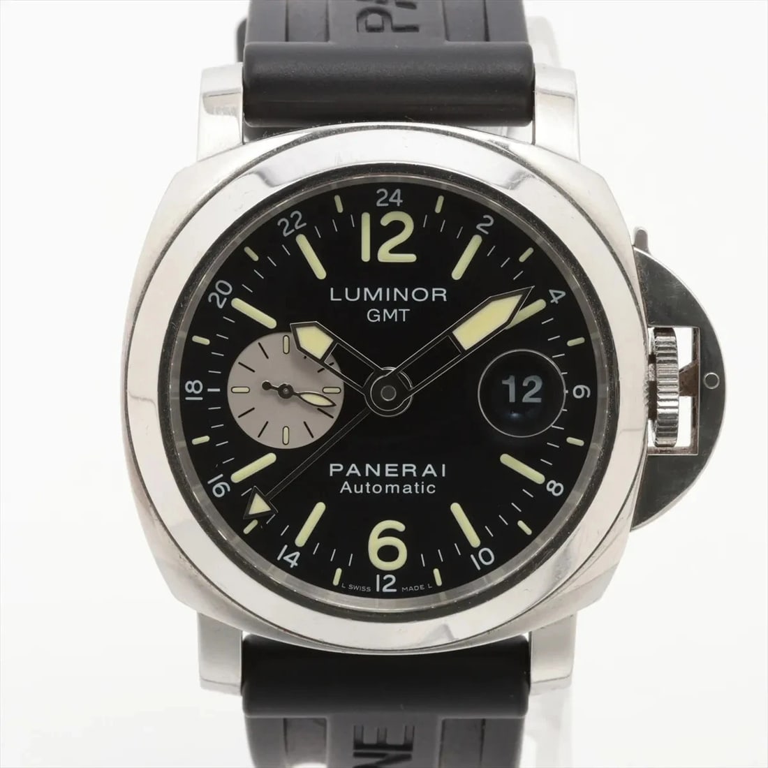 PANERAI LUMINOR GMT ACHAIO SS & RUBBER AT BLACK DIAL WATCH: Panerai Luminor Gmt Achaio Ss & Rubber At Black Dial Watch Brand: Panerai Type/Style: Wristwatch Material: SS & Rubber Color: Dial Color Black Size: Case:W1.6 x H1.6inch / W43 x H43 Circumference of W