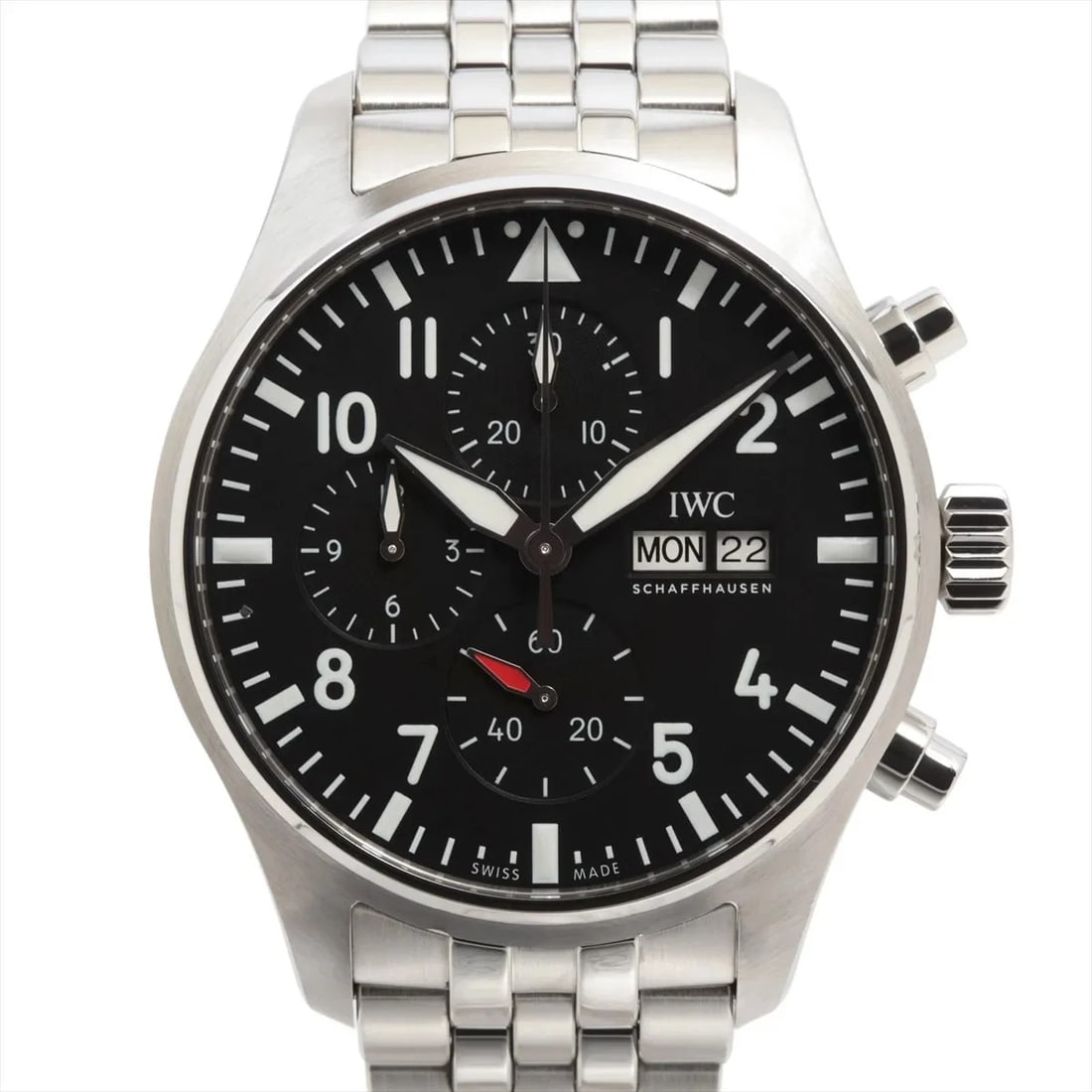 IWC PILOT WATCH CHRONOGRAPH SS AT BLACK DIAL WATCH: Iwc Pilot Watch Chronograph Ss At Black Dial Watch Brand: IWC Type/Style: Wristwatch Material: SS Color: Dial Color Black Size: Case:W1.6 x H1.6inch / W40 x H40 Circumference of Wrist:6.9inch / 17.5