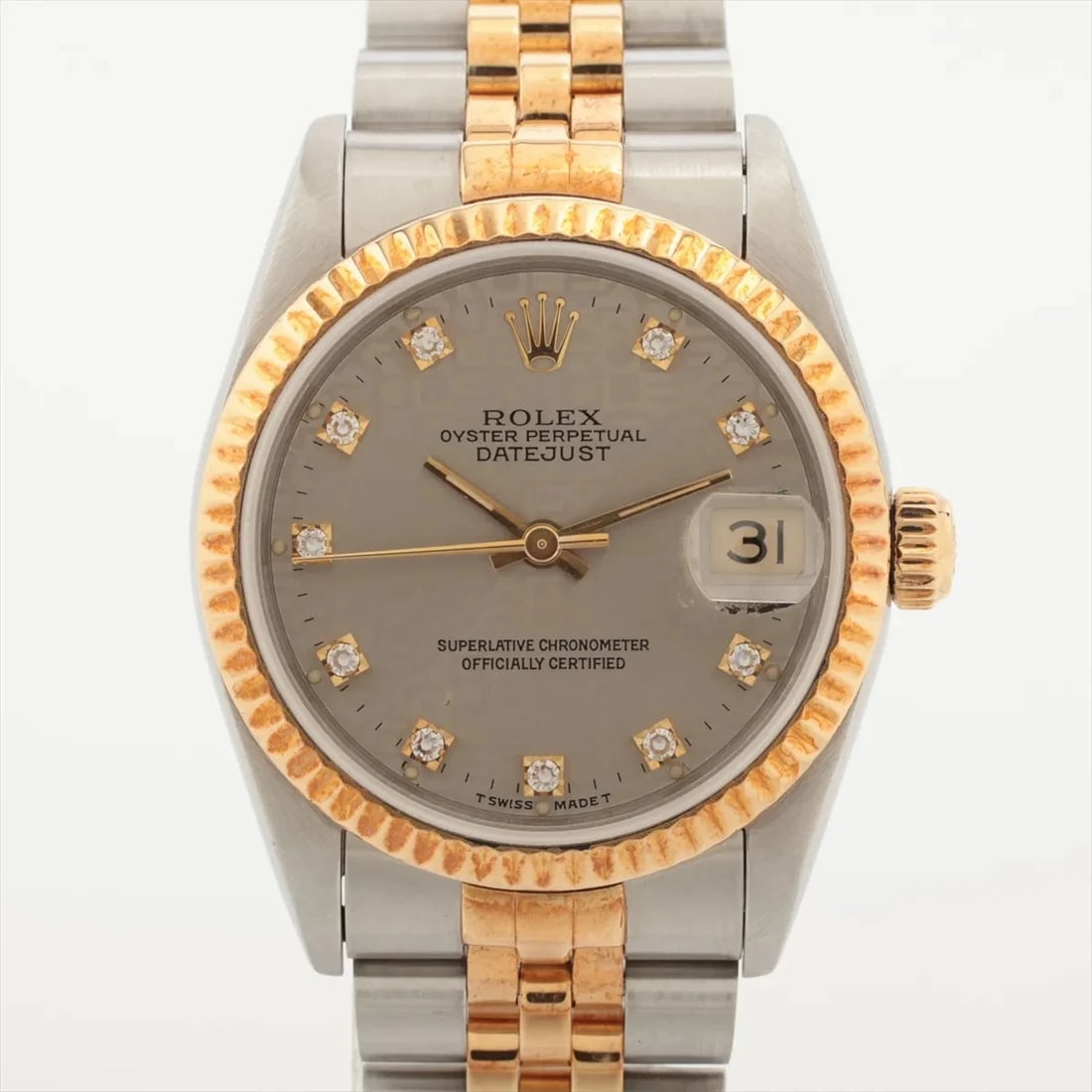 ROLEX DATEJUST 31 AT GREY PRINTED COMPUTER DIAL WATCH: Rolex Datejust 31 At Grey Printed Computer Dial Watch Brand: Rolex Type/Style: Wristwatch Material: SS?YG Color: Dial Color grey print computer Size: Case:W1.2 x H1.2inch / W31 x H31 Circumference of 