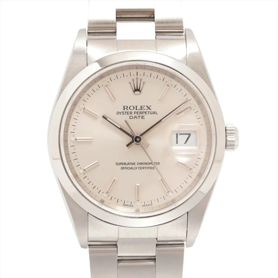 ROLEX OYSTER PERPETUAL DATE SS AT SILVER WATCH: Rolex Oyster Perpetual Date Ss At Silver Watch Brand: Rolex Type/Style: Wristwatch Material: SS Color: Dial Color Silver Size: Case:W1.2 x H1.2inch / W34 x H34 Circumference of Wrist:7.3inch / 18.5