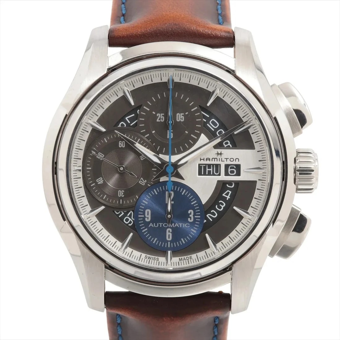HAMILTON JAZZMASTER SS & LEATHER AT WATCH: Hamilton Jazzmaster Ss & Leather At Watch Brand: Hamilton Type/Style: Wristwatch Material: SS & Leather Color: Dial Color Gray Size: Case:W1.2 x H1.2inch / W38 x H38 Circumference of Wrist:8.1inch / 2