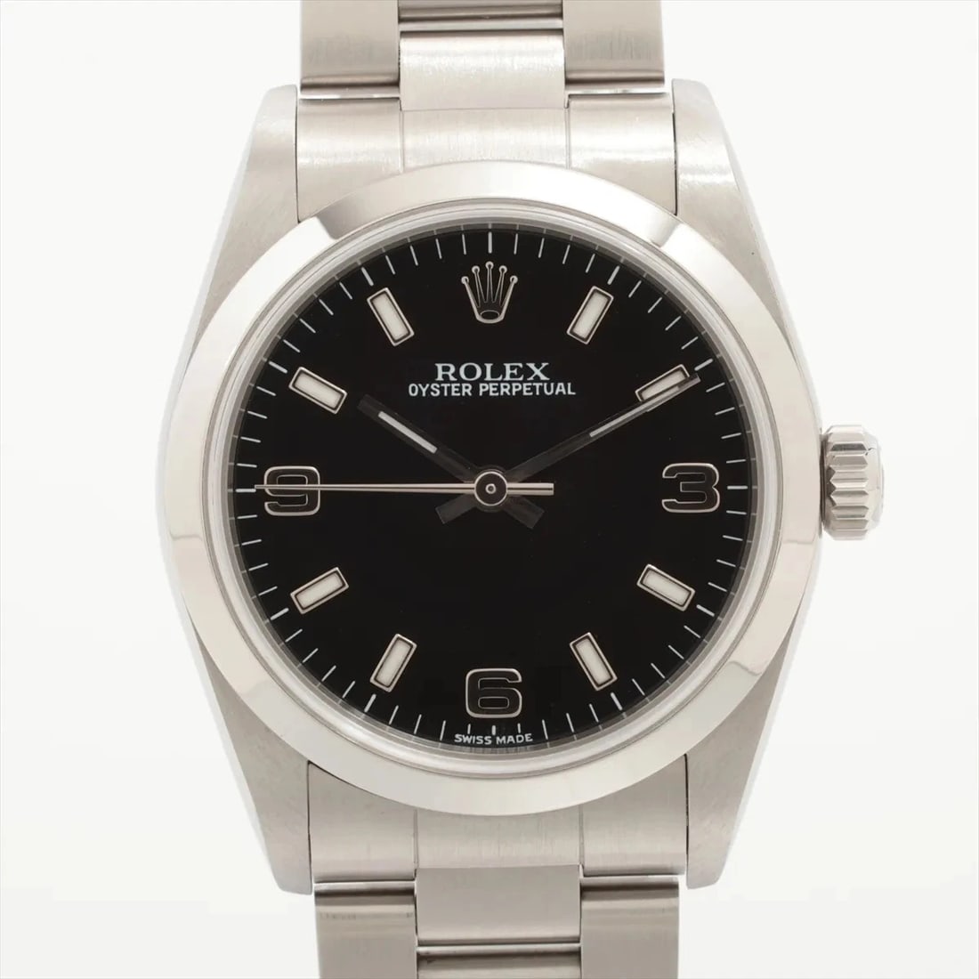 ROLEX OYSTER PERPETUAL SS AT BLACK DIAL WATCH: Rolex Oyster Perpetual Ss At Black Dial Watch Brand: Rolex Type/Style: Wristwatch Material: SS Color: Dial Color Black Size: Case:W1.2 x H1.2inch / W31 x H31 Circumference of Wrist:5.1inch / 13 Ac
