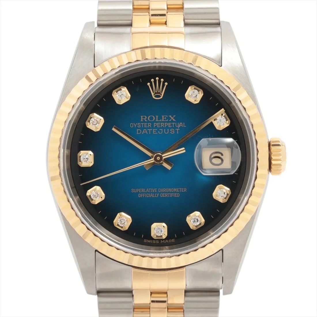ROLEX DATEJUST 36 AT BLUE-GRADATIION WATCH: Rolex Datejust 36 At Blue-Gradatiion Watch Brand: Rolex Type/Style: Wristwatch Material: SS?YG Color: Dial Color Blue gradation Size: Case:W1.2 x H1.2inch / W36 x H36 Circumference of Wrist:7.3inch / 