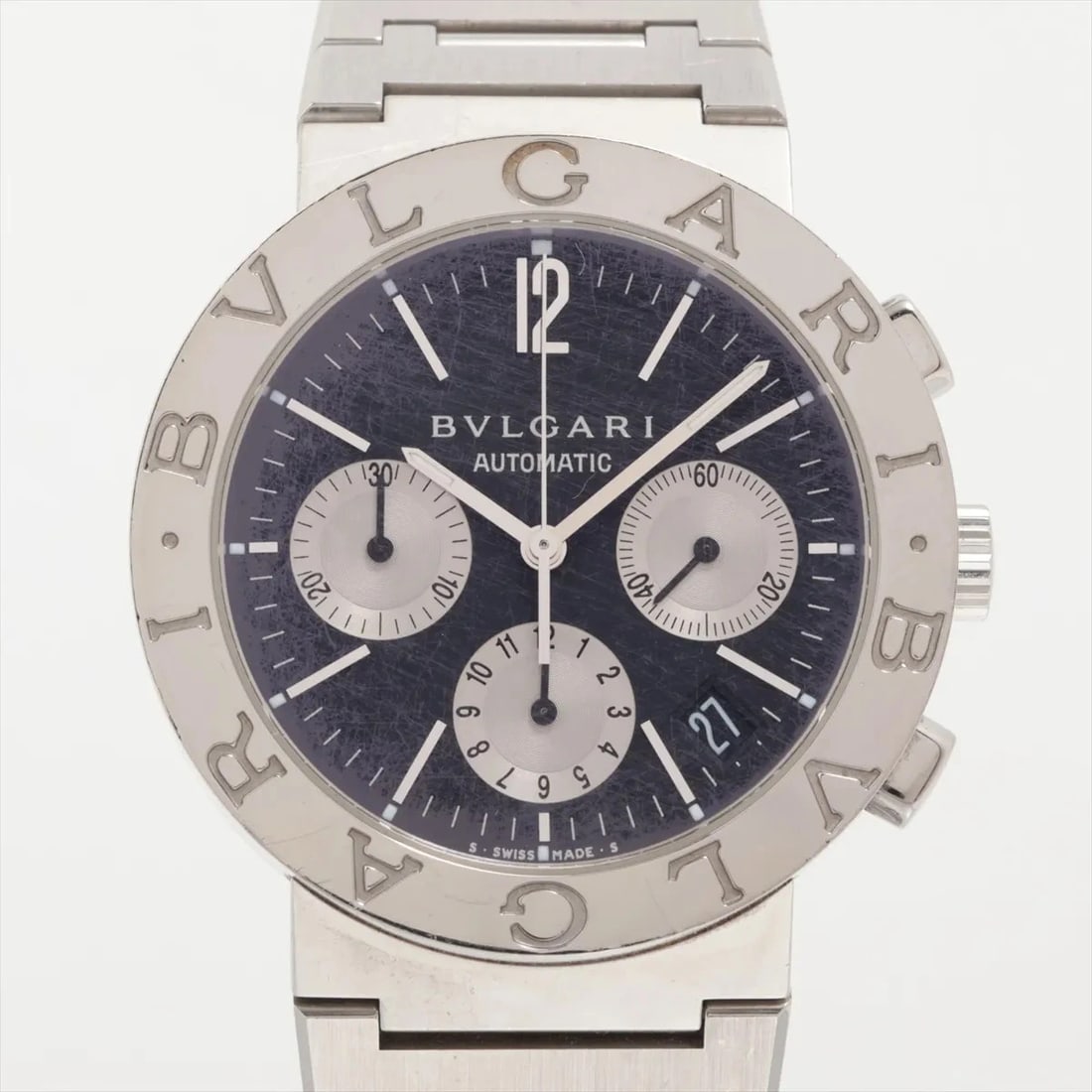 BVLGARI CHRONOGRAPH SS AT BLACK DIAL WATCH: Bvlgari Chronograph Ss At Black Dial Watch Brand: Bvlgari Type/Style: Wristwatch Material: SS Color: Dial Color Black Size: Case:W1.2 x H1.2inch / W38 x H38 Circumference of Wrist:6.5inch / 16.5