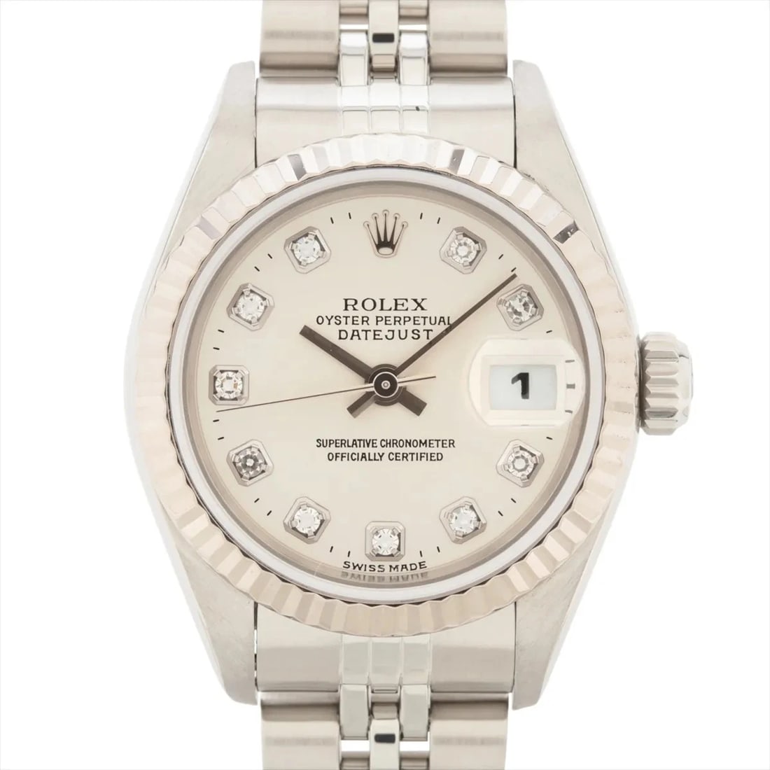 ROLEX LADY DATEJUST AT SILVER WATCH: Rolex Lady Datejust At Silver Watch Brand: Rolex Type/Style: Wristwatch Material: SS?WG Color: Dial Color Silver Size: Case:W0.8 x H0.8inch / W26 x H26 Circumference of Wrist:6.5inch / 16.5