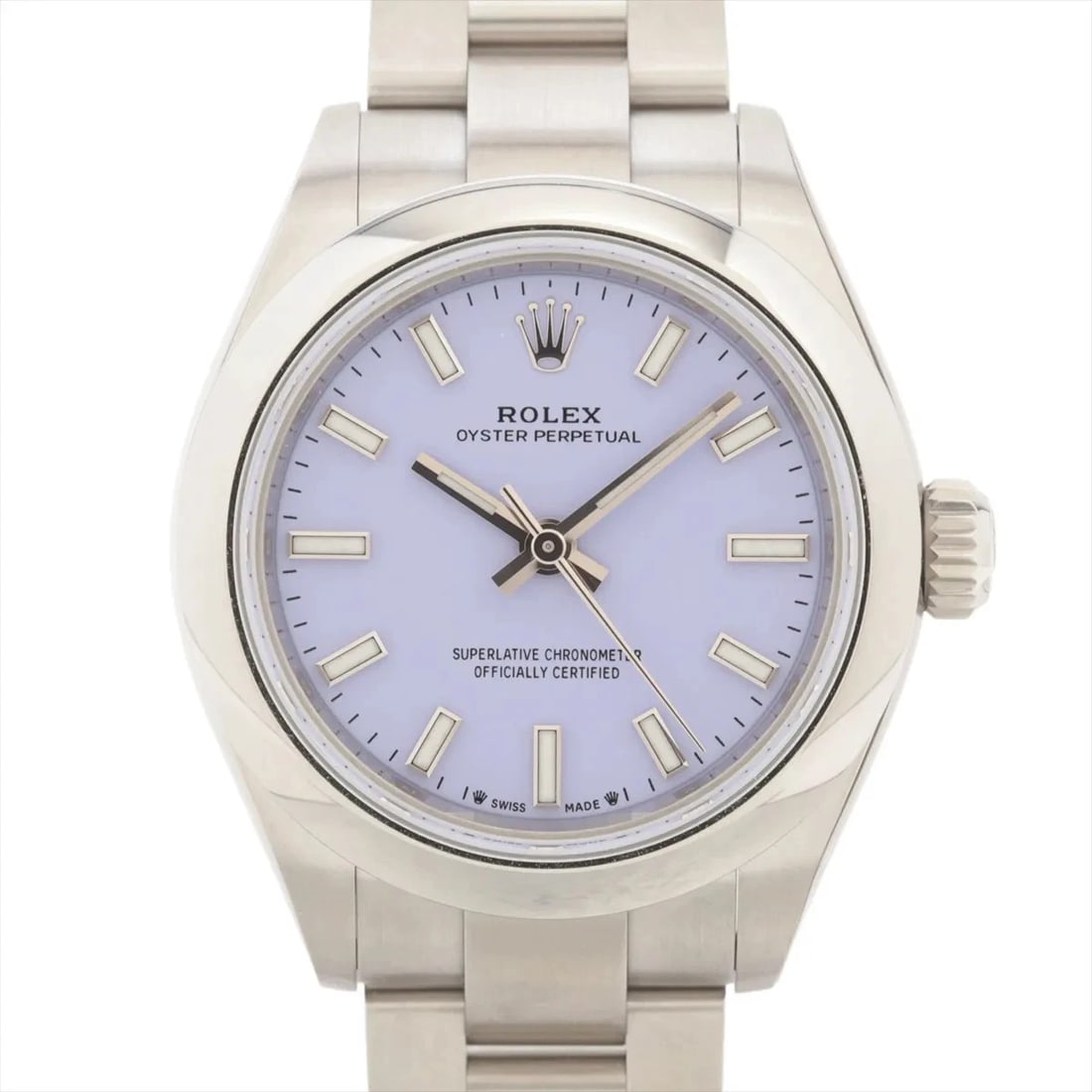ROLEX OYSTER PERPETUAL 28 SS AT LAVENDER DIAL WATCH: Rolex Oyster Perpetual 28 Ss At Lavender Dial Watch Brand: Rolex Type/Style: Wristwatch Material: SS Color: Dial Color lavender Size: Case:W0.8 x H0.8inch / W28 x H28 Circumference of Wrist:6.1inch /