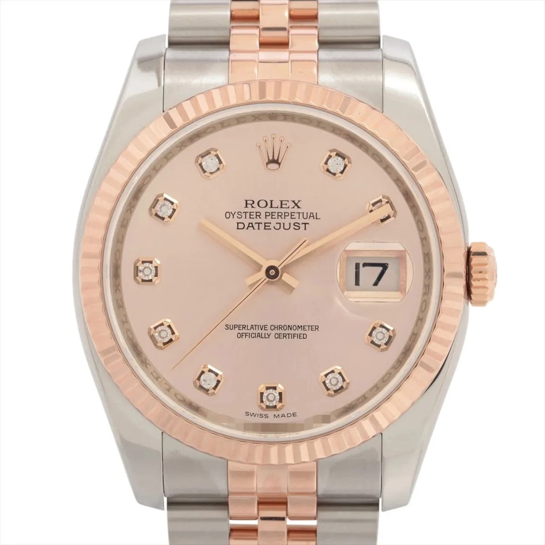 ROLEX DATEJUST AT PINK WATCH: Rolex Datejust At Pink Watch Brand: Rolex Type/Style: Wristwatch Material: PG×SS Color: Dial Color Pink Size: Case:W1.2 x H1.2inch / W36 x H36 Circumference of Wrist:7.1inch / 18 Accessories: None