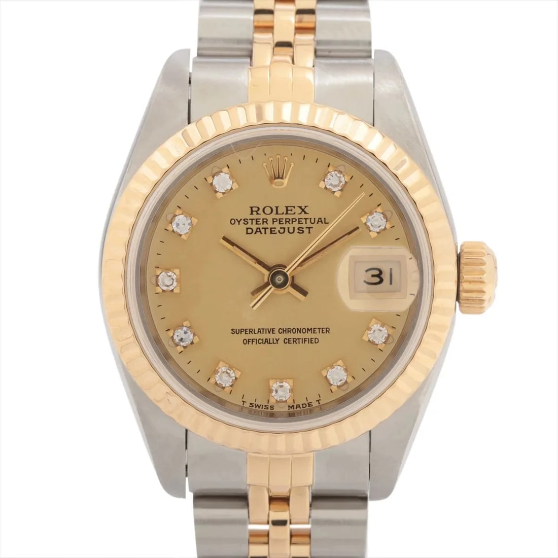 ROLEX LADY DATEJUST AT CHAMPAGNE WATCH: Rolex Lady Datejust At Champagne Watch Brand: Rolex Type/Style: Wristwatch Material: SS?YG Color: Dial Color Champagne Size: Case:W0.8 x H0.8inch / W26 x H26 Circumference of Wrist:6.7inch / 17 Ac