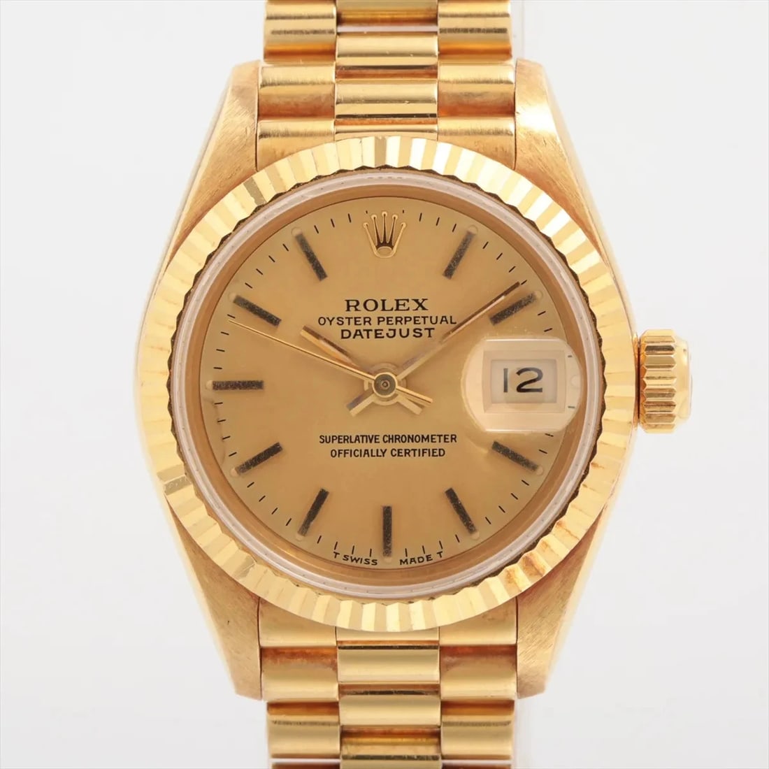 ROLEX LADY DATEJUST YG AT CHAMPAGNE WATCH: Rolex Lady Datejust Yg At Champagne Watch Brand: Rolex Type/Style: Wristwatch Material: YG Color: Dial Color Case:W0.8 x H0.8inch / W26 x H26 Circumference of Wrist:5.5inch / 14 Size: Champagne