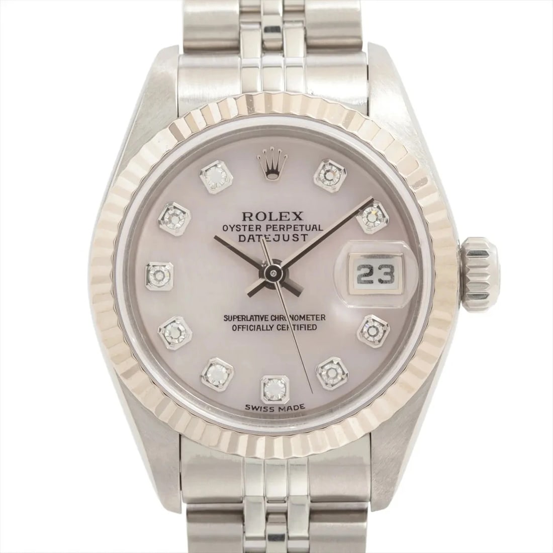 ROLEX LADY DATEJUST AT PINK MOP DIAL WATCH: Rolex Lady Datejust At Pink Mop Dial Watch Brand: Rolex Type/Style: Wristwatch Material: SS?WG Color: Dial Color Pink shell Size: Case:W0.8 x H0.8inch / W26 x H26 Circumference of Wrist:6.9inch / 17.5