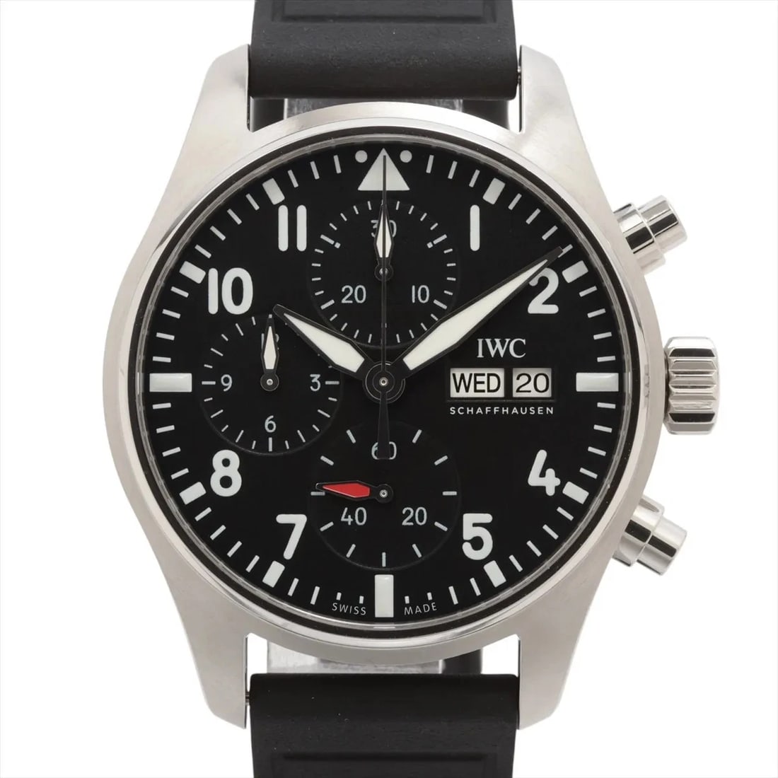IWC PILOT WATCH CHRONOGRAPH 41 SS & RUBBER AT BLACK DIAL WATCH: Iwc Pilot Watch Chronograph 41 Ss & Rubber At Black Dial Watch Brand: IWC Type/Style: Wristwatch Material: SS & Leather Color: Dial Color Black Size: Case:W1.6 x H1.6inch / W41 x H41 Circumference of 