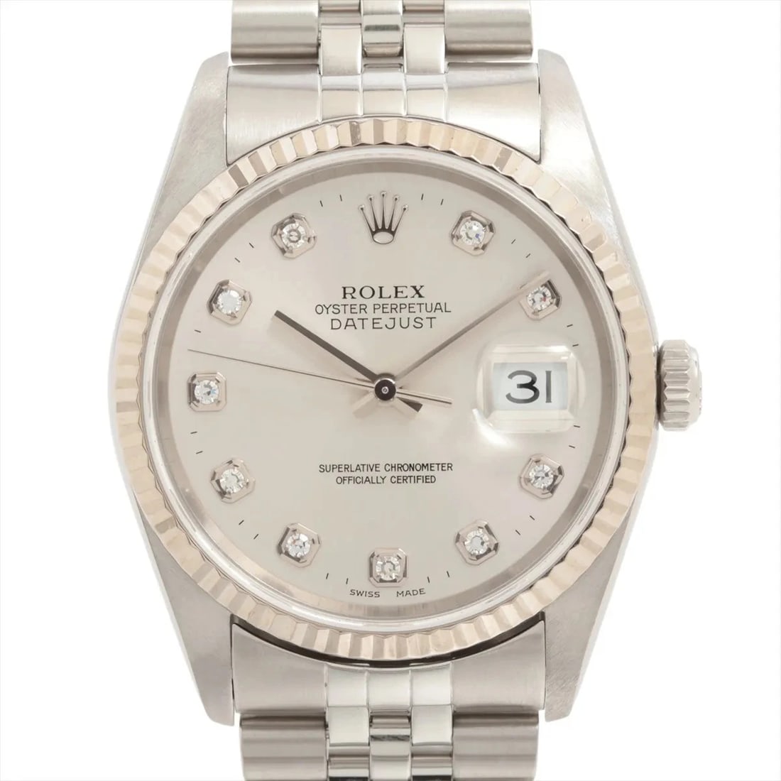 ROLEX DATEJUST 36 AT SILVER WATCH: Rolex Datejust 36 At Silver Watch Brand: Rolex Type/Style: Wristwatch Material: SS?WG Color: Dial Color Silver Size: Case:W1.2 x H1.2inch / W36 x H36 Circumference of Wrist:7.7inch / 19.5 Accessor