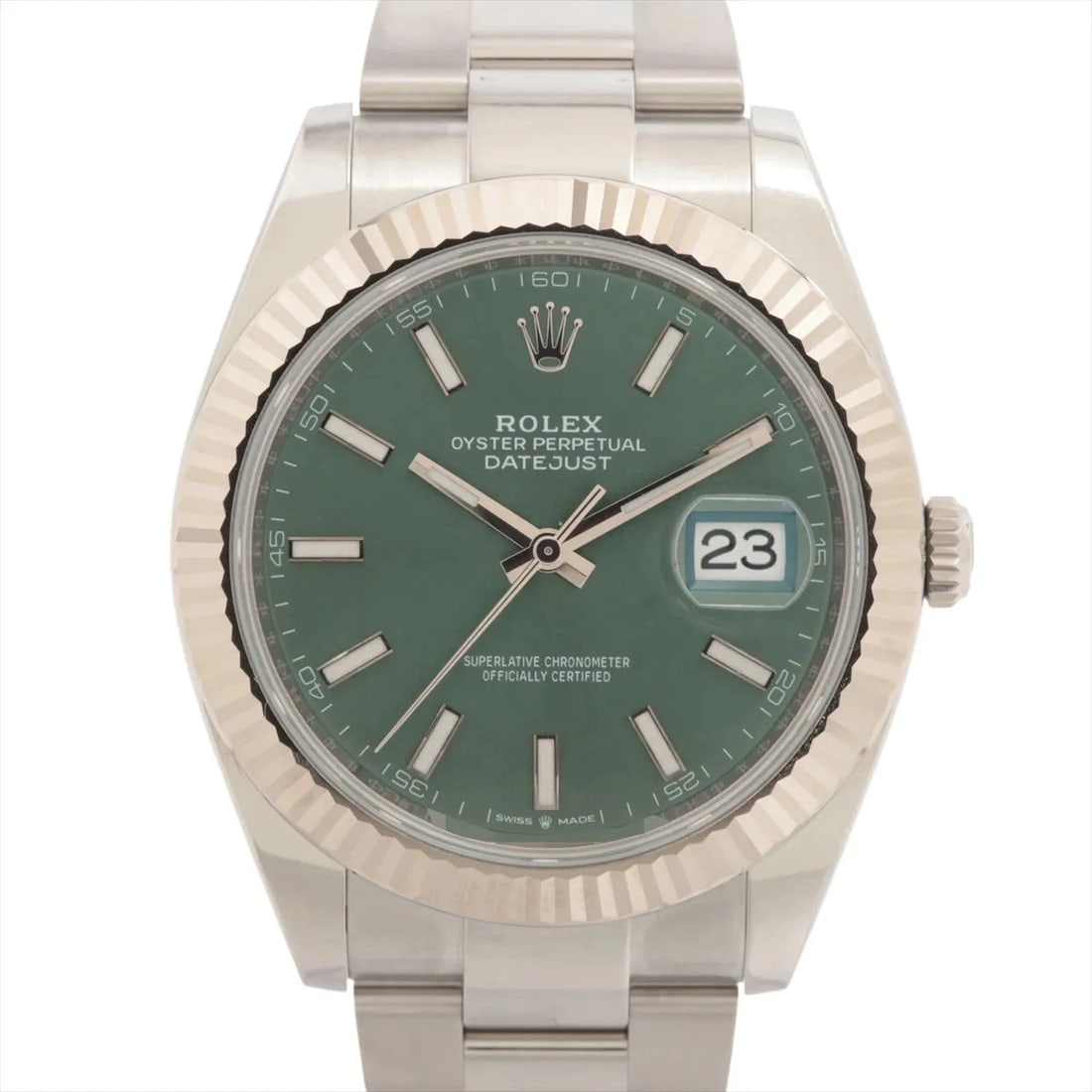 ROLEX DATEJUST 41 AT MINT GREEN DIAL OYSTER WATCH: Rolex Datejust 41 At Mint Green Dial Oyster Watch Brand: Rolex Type/Style: Wristwatch Material: SS?WG Color: Dial Color mint green Size: Case:W1.6 x H1.6inch / W41 x H41 Circumference of Wrist:6.7inch