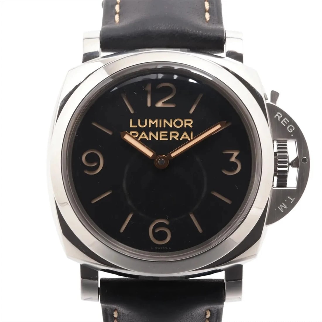 PANERAI LUMINOR SS & LEATHER STEM-WINDER BLACK WATCH: Panerai Luminor Ss & Leather Stem-Winder Black Watch Brand: Panerai Type/Style: Wristwatch Material: SS & Leather Color: Dial Color Black Size: Case:W1.6 x H1.6inch / W47 x H47 Circumference of Wrist: