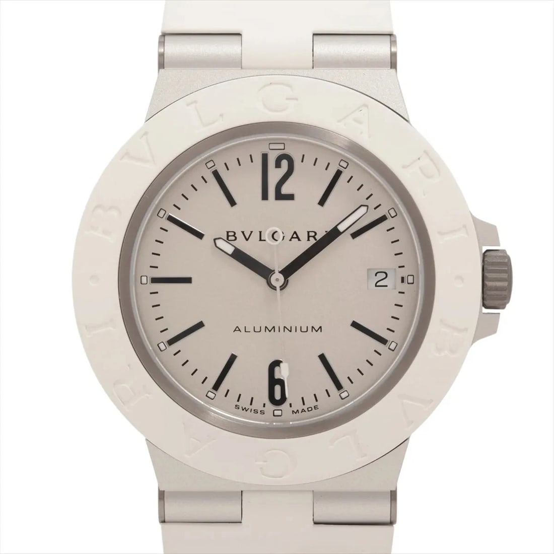 BVLGARI ALUMINUM WHITE AUTOMATIC AL & RUBBER AT WHITE WATCH: Bvlgari Aluminum White Automatic Al & Rubber At White Watch Brand: Bvlgari Type/Style: Wristwatch Material: AL & Rubber Color: Dial Color varnish white opaline Size: Case:W1.6 x H1.6inch / W40 x H40 C