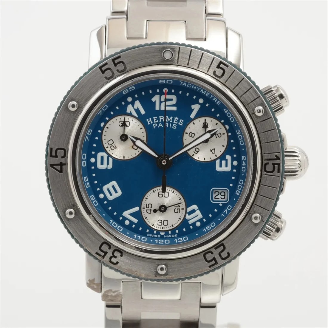 HERMES CLIPPER CHRONO CA?SS QZ BLUE DIAL WATCH: Hermes Clipper Chrono Ca?Ss Qz Blue Dial Watch Brand: Hermes Type/Style: Wristwatch Material: SS Color: Dial Color Blue Size: Case:W1.2 x H1.2inch / W33 x H33 Circumference of Wrist:6.3inch / 16 A