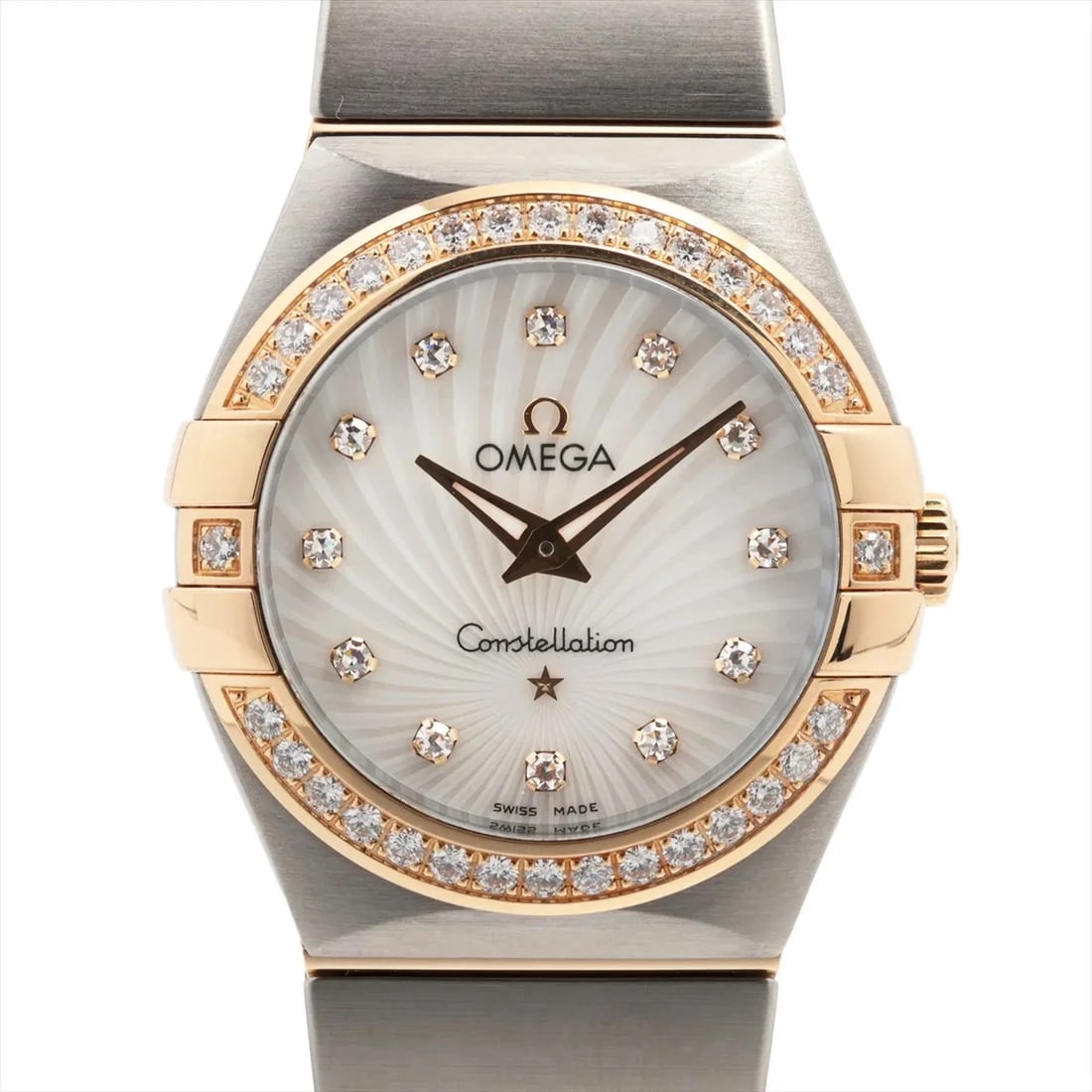OMEGA CONSTELLATION BLUSH QZ SHELL WATCH: Omega Constellation Blush Qz Shell Watch Brand: Omega Type/Style: Wristwatch Material: SS?YG Color: Dial Color shells Size: Case:W0.8 x H0.8inch / W27 x H27 Circumference of Wrist:6.5inch / 16.5 A