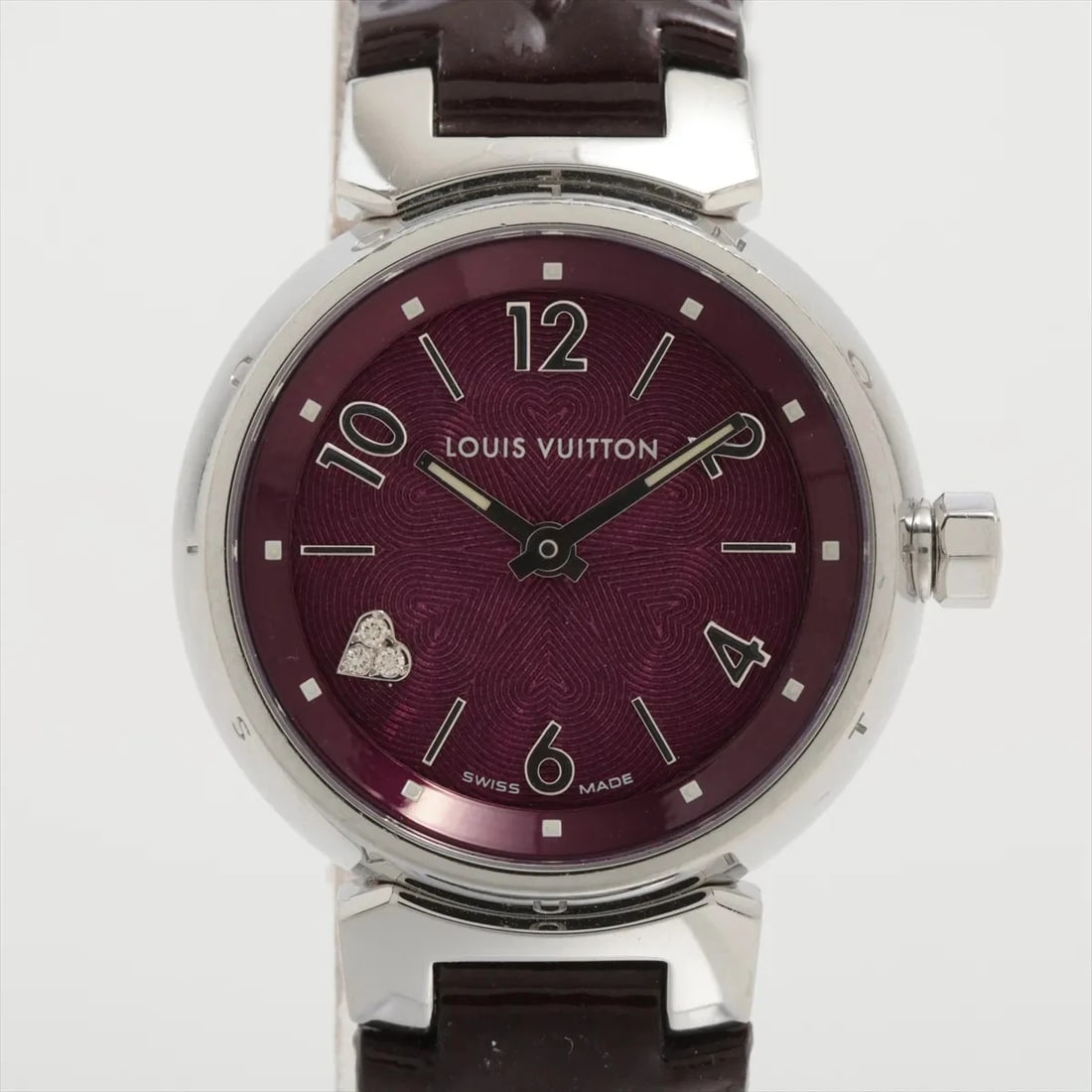 LOUIS VUITTON TAMBOUR SS & LEATHER QZ PURPLE DIAL WATCH: Louis Vuitton Tambour Ss & Leather Qz Purple Dial Watch Brand: Louis Vuitton Type/Style: Wristwatch Material: SS & Leather Color: Dial Color Purple Size: Case:W0.8 x H0.8inch / W26 x H26 Circumference