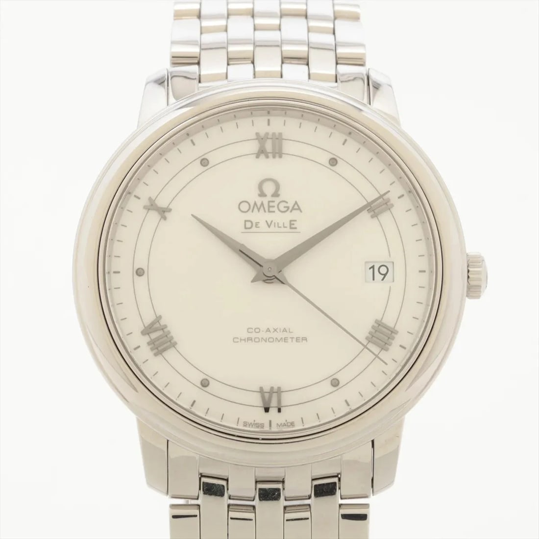OMEGA DEVIL PRESTIGE CO-AXIAL SS AT WHITE DIAL WATCH: Omega Devil Prestige Co-Axial Ss At White Dial Watch Brand: Omega Type/Style: Wristwatch Material: SS Color: Dial Color White Size: Case:W1.2 x H1.2inch / W36 x H36 Circumference of Wrist:6.7inch / 17