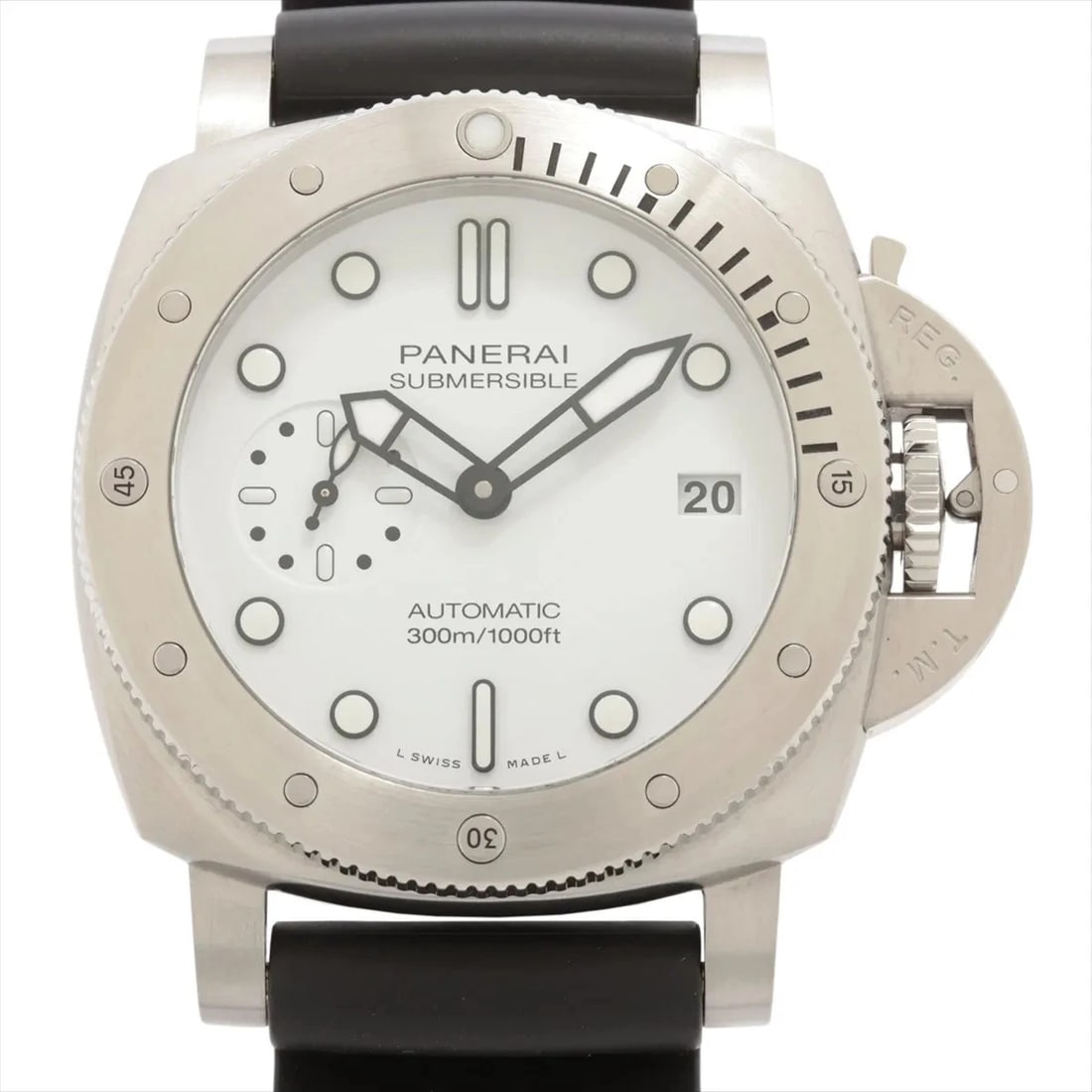PANERAI SUBMERSIBLE BIANCO SS & RUBBER AT WHITE DIAL WATCH: Panerai Submersible Bianco Ss & Rubber At White Dial Watch Brand: Panerai Type/Style: Wristwatch Material: SS & Rubber Color: Dial Color White Size: Case:W1.6 x H1.6inch / W41 x H41 Circumference of W