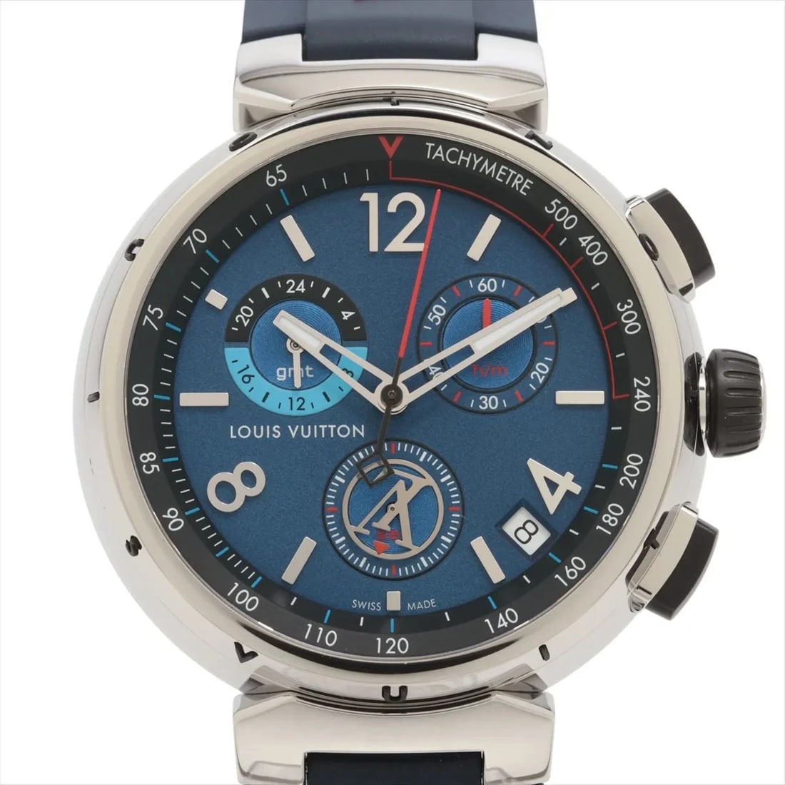 LOUIS VUITTON TAMBOUR CHRONOGRAPH SS & RUBBER QZ BLUE WATCH: Louis Vuitton Tambour Chronograph Ss & Rubber Qz Blue Watch Brand: Louis Vuitton Type/Style: Wristwatch Material: SS & Rubber Color: Dial Color Blue Size: Case:W1.6 x H1.6inch / W41 x H41 Circumferenc