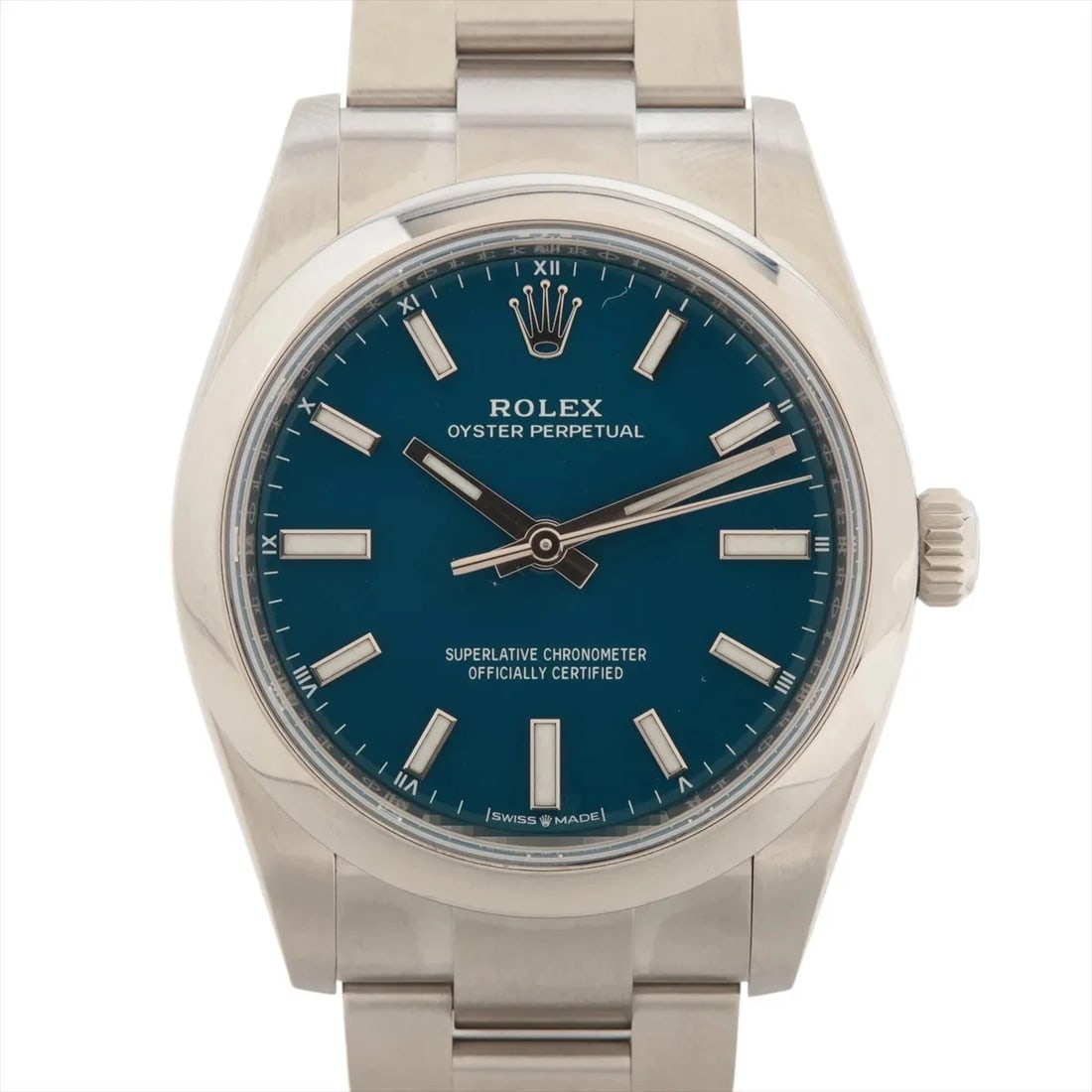 ROLEX OYSTER PERPETUAL 34 SS AT MED BLUE DIAL WATCH: Rolex Oyster Perpetual 34 Ss At Med Blue Dial Watch Brand: Rolex Type/Style: Wristwatch Material: SS Color: Dial Color Med Blue Size: Case:W1.2 x H1.2inch / W34 x H34 Circumference of Wrist:7.3inch /