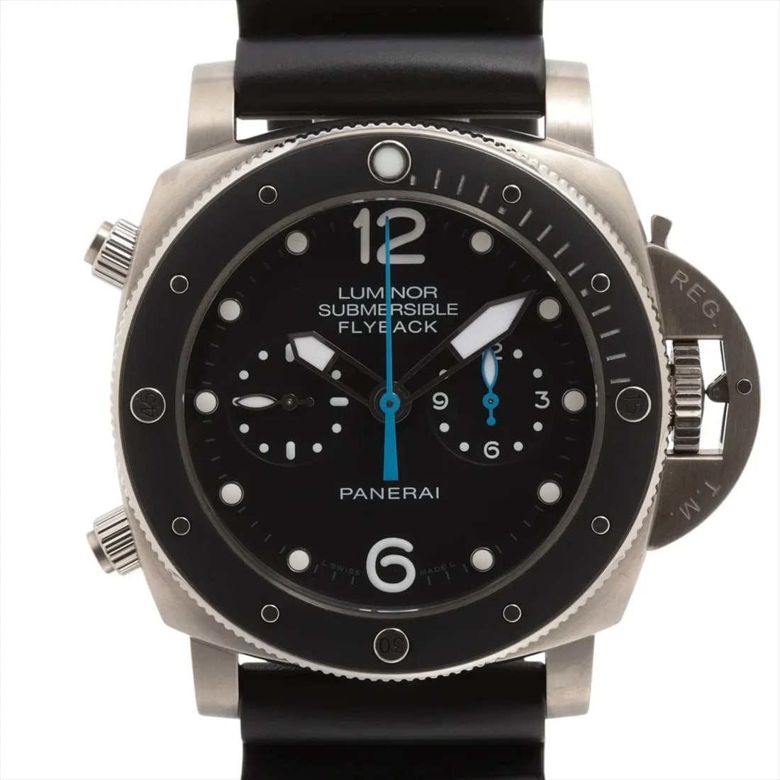 PANERAI SUBMERSIBLE FLYBACK CHRONOGRAPH TI X RUBBER AT BLACK DIAL WATCH: Panerai Submersible Flyback Chronograph Ti X Rubber At Black Dial Watch Brand: Panerai Type/Style: Wristwatch Material: Ti & rubber Color: Dial Color Black Size: Case:W1.6 x H1.6inch / W46 x H46 Circu