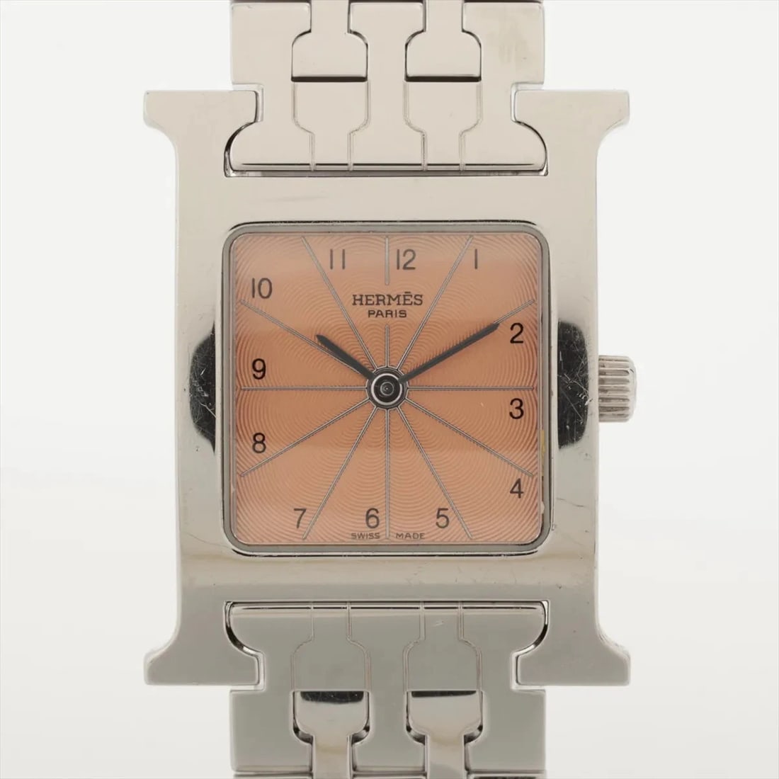 HERMES H WATCH SS QZ PINK WATCH: Hermes H Watch Ss Qz Pink Watch Brand: Hermes Type/Style: Wristwatch Material: SS Color: Dial Color Pink Size: Case:W0.8 x H1.2inch / W21 x H30 Circumference of Wrist:6.5inch / 16.5 Accessories: N