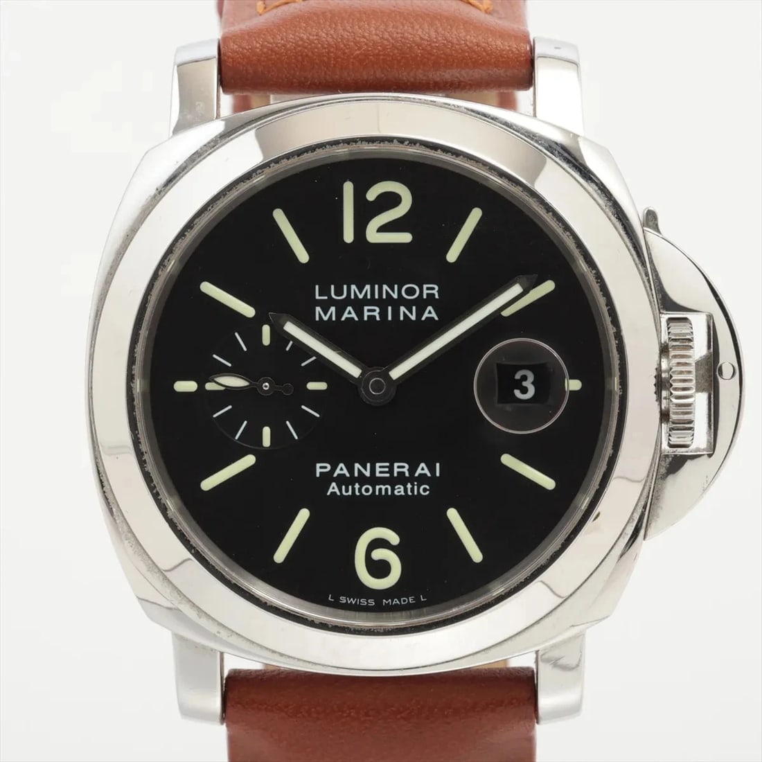 PANERAI LUMINOR MARINA SS & LEATHER AT BLACK DIAL WATCH: Panerai Luminor Marina Ss & Leather At Black Dial Watch Brand: Panerai Type/Style: Wristwatch Material: SS & Leather Color: Dial Color Black Size: Case:W1.6 x H1.6inch / W42 x H42 Circumference of