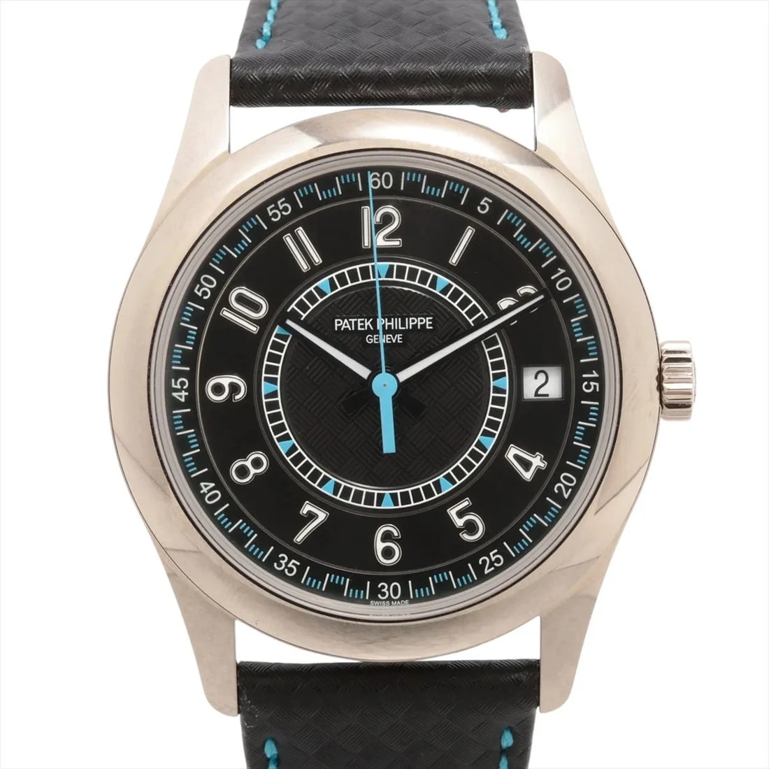 PATEK PHILIPPE CALATRAVA WG & LEATHER AT BLACK DIAL WATCH: Patek Philippe Calatrava Wg & Leather At Black Dial Watch Brand: Patek Philippe Type/Style: Wristwatch Material: WG & Leather Color: Dial Color ebony black Size: Case:W1.6 x H1.6inch / W40 x H40 Circu