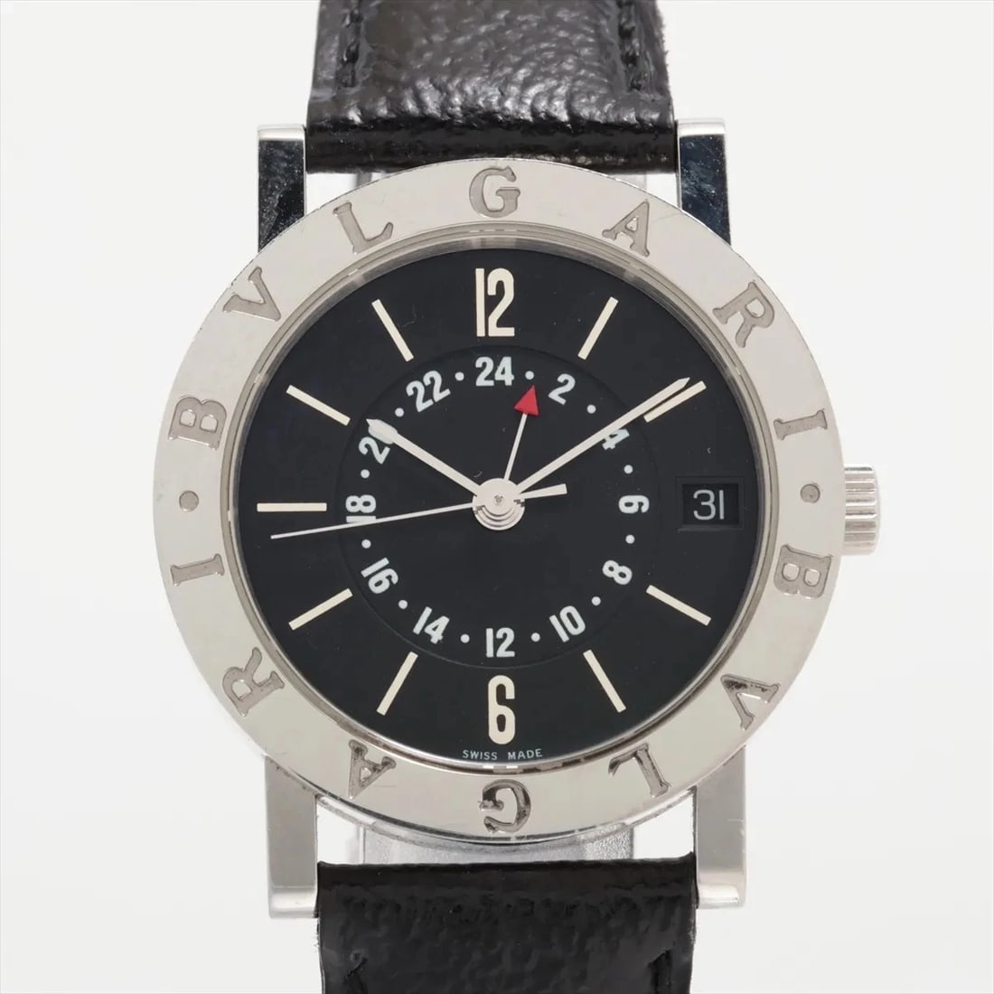 BVLGARI SS & LEATHER AT BLACK DIAL WATCH: Bvlgari Ss & Leather At Black Dial Watch Brand: Bvlgari Type/Style: Wristwatch Material: SS & Leather Color: Dial Color Black Size: Case:W1.2 x H1.2inch / W33 x H33 Circumference of Wrist:7.1inch / 18