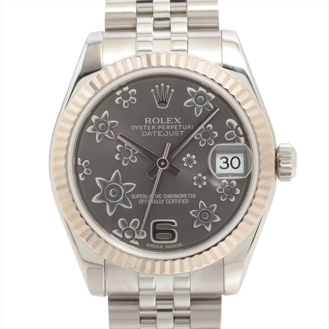 ROLEX DATEJUST AT GREY FLOWER DIAL WATCH: Rolex Datejust At Grey Flower Dial Watch Brand: Rolex Type/Style: Wristwatch Material: SS?WG Color: Dial Color Gray Flower Size: Case:W1.2 x H1.2inch / W31 x H31 Circumference of Wrist:6.9inch / 17.5 