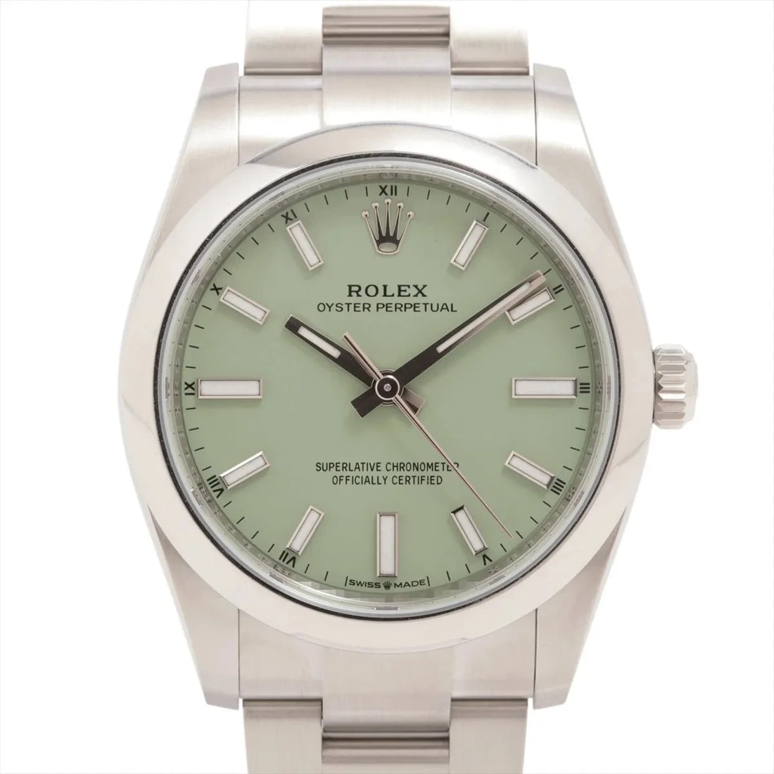 ROLEX OYSTER PERPETUAL 34 SS AT PISTACHIO DIAL WATCH: Rolex Oyster Perpetual 34 Ss At Pistachio Dial Watch Brand: Rolex Type/Style: Wristwatch Material: SS Color: Dial Color pistachios Size: Case:W1.2 x H1.2inch / W34 x H34 Circumference of Wrist:6.7inch