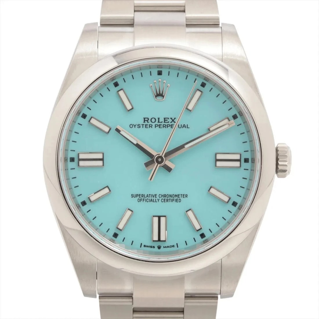 ROLEX OYSTER PERPETUAL 41 SS AT TURQUOISE DIAL WATCH: Rolex Oyster Perpetual 41 Ss At Turquoise Dial Watch Brand: Rolex Type/Style: Wristwatch Material: SS Color: Dial Color turquoise blue Size: Case:W1.6 x H1.6inch / W41 x H41 Circumference of Wrist:6.9