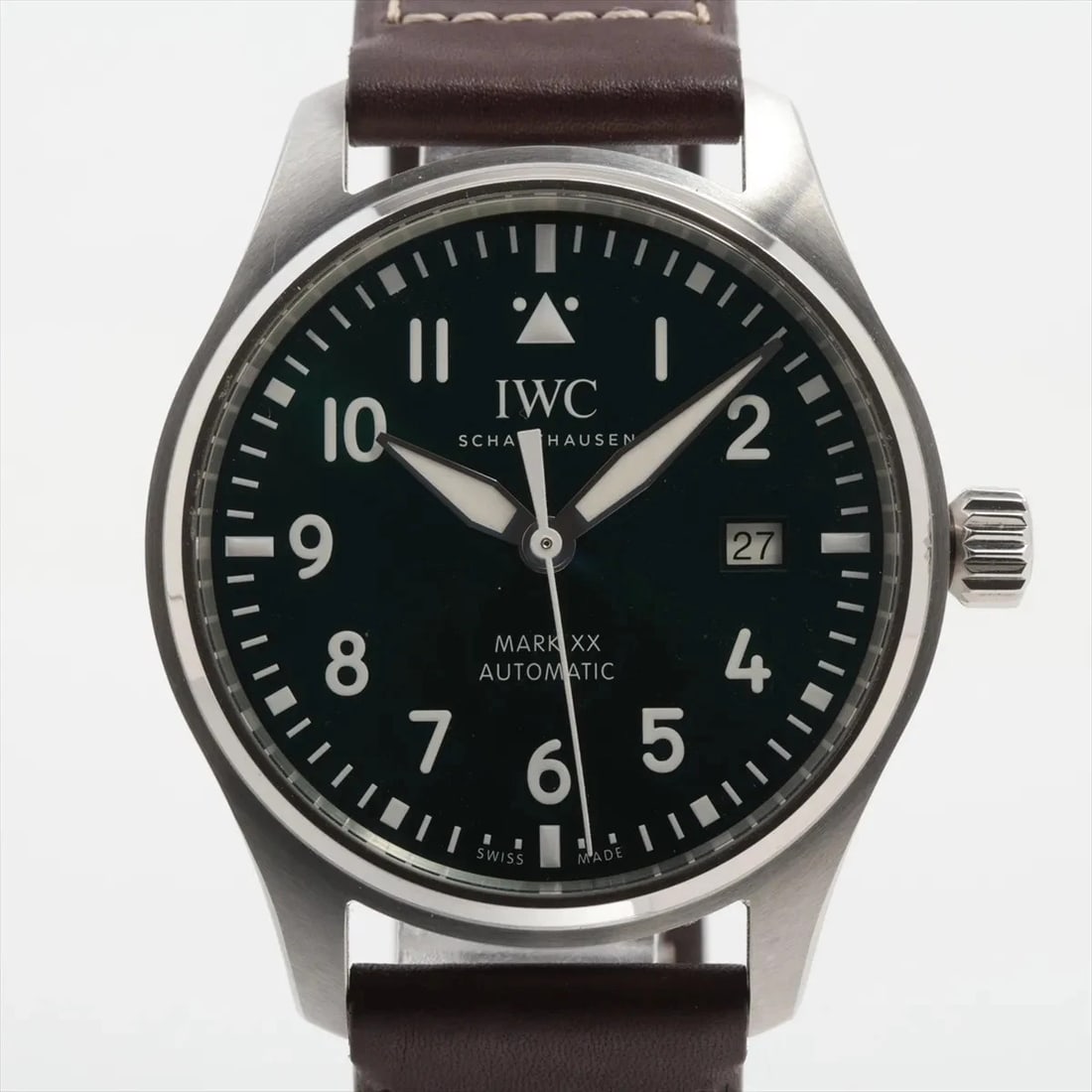 IWC PILOT WATCH MARK SS & LEATHER AT GREEN WATCH: Iwc Pilot Watch Mark Ss & Leather At Green Watch Brand: IWC Type/Style: Wristwatch Material: SS & Leather Color: Dial Color Green Size: Case:W1.6 x H1.6inch / W40 x H40 Circumference of Wrist:7.5inch 