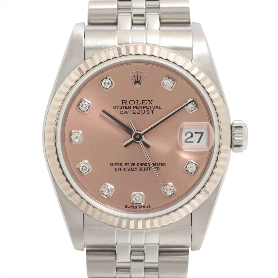 ROLEX DATEJUST AT PINK WATCH: Rolex Datejust At Pink Watch Brand: Rolex Type/Style: Wristwatch Material: SS×WG Color: Dial Color Pink Size: Case:W1.2 x H1.2inch / W31 x H31 Circumference of Wrist:7.1inch / 18 Accessories: None
