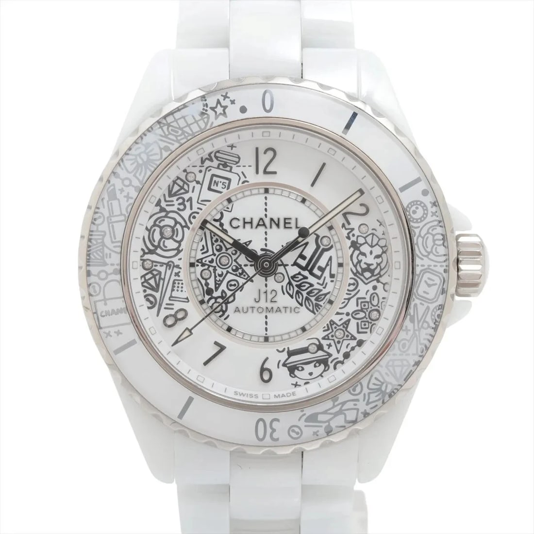 CHANEL J12 CE?SS AT WHITE DIAL WATCH: Chanel J12 Ce?Ss At White Dial Watch Brand: Chanel Type/Style: Wristwatch Material: CE×SS Color: Dial Color White Size: Case:W1.2 x H1.2inch / W39 x H39 Circumference of Wrist:6.9inch / 17.5 Acces