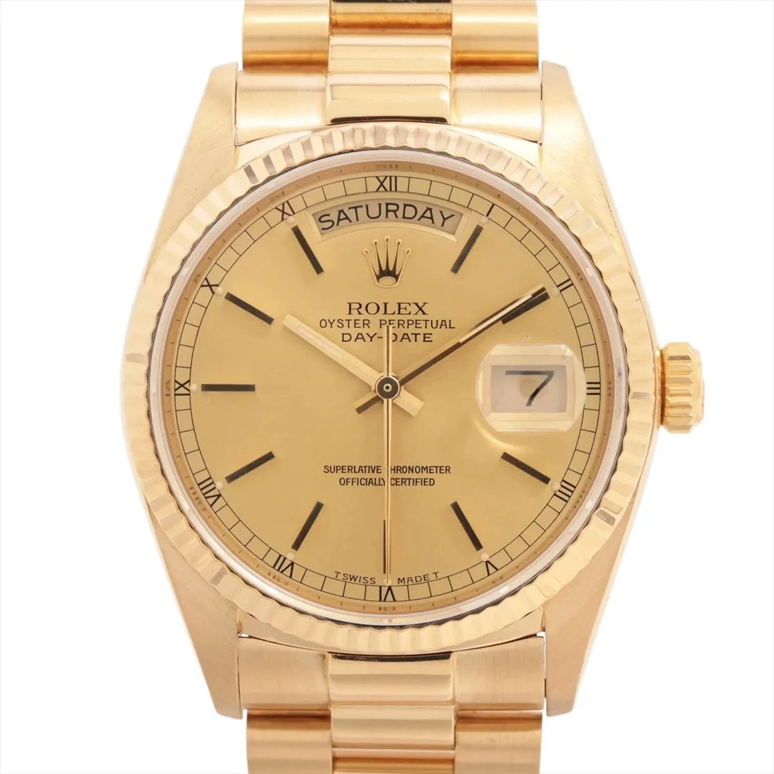 ROLEX DAY DATE 36 YG AT CHAMPAGNE WATCH: Rolex Day Date 36 Yg At Champagne Watch Brand: Rolex Type/Style: Wristwatch Material: YG Color: Dial Color Champagne Size: Case:W1.2 x H1.2inch / W36 x H36 Circumference of Wrist:7.1inch / 18 Acce